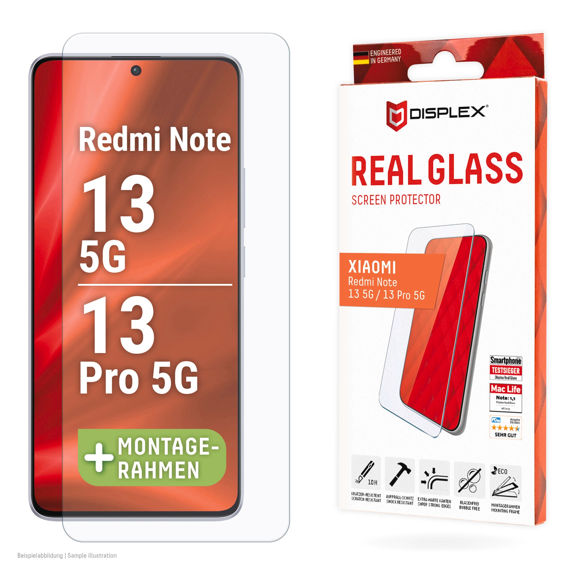 Displex Displayschutzglas »Real Glass«, für Xiaomi Redmi Note 13 5G-Xiaomi Redmi Note 13 Pro 5G, (1 St.), Bildschirmschutz, Displayschutzfolie,Einfach anbringen,kratz-&stoßfest