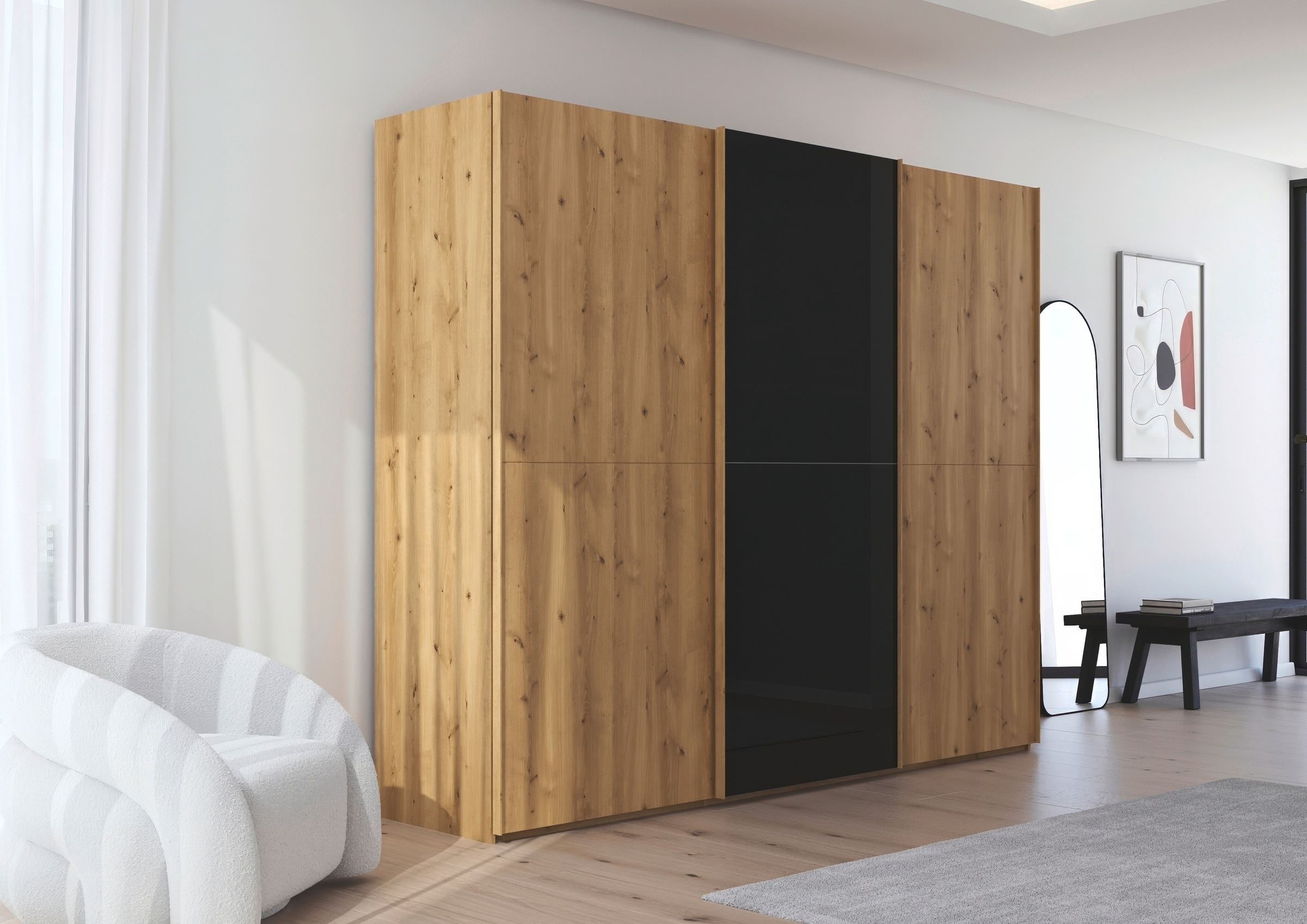rauch Schwebetürenschrank »Kleiderschrank Schrank Garderobe Schlafzimmerschrank SCALE-WOOD«, edle geteilte Front in massiver Asteiche mit Glastüren MADE IN GERMANY