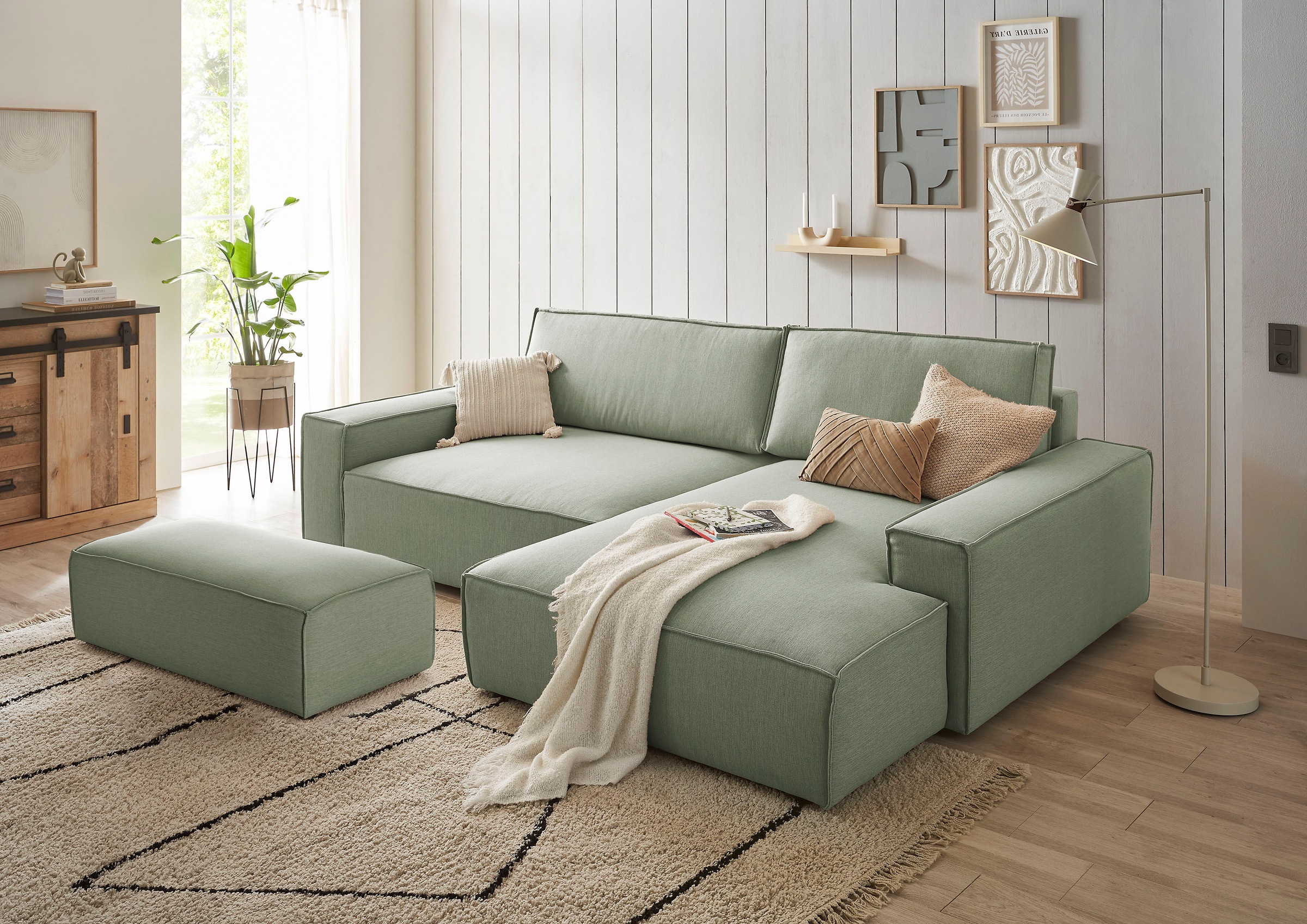 Home affaire Polsterecke »NEU: SHERWOOD XXL tief, L-Form mit Schlaffunktion, Big-Sofa mit Hocker«, (Set, 2 St.), stellbar zum Schlafsofa (Krokodilverbinder), Cord, Leinenoptik