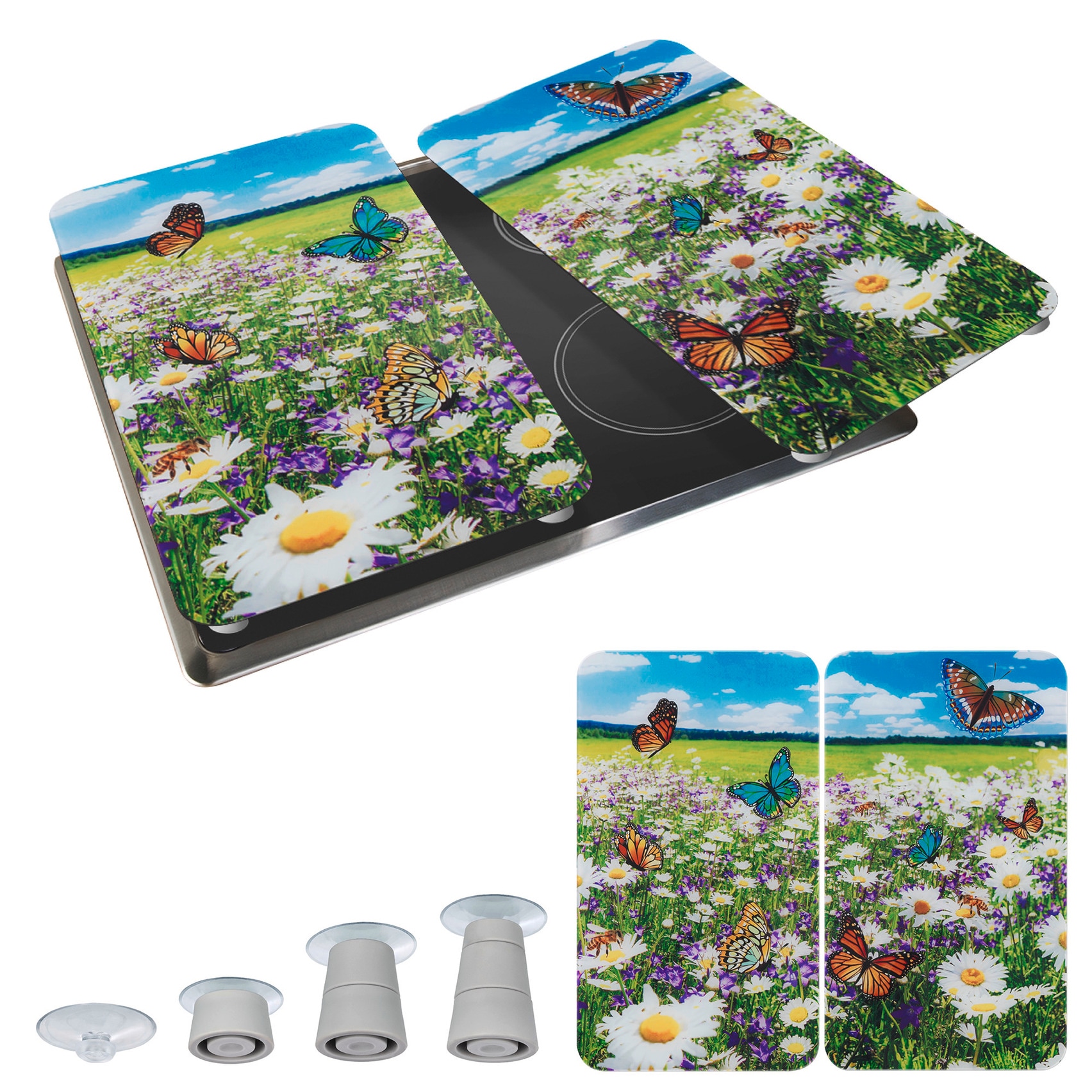 WENKO Herd-Abdeckplatte »Universal Modell Sommerwiese«, (Set, 2 tlg.), Herdabdeckung für alle Herdarten, kratzfest, mit rutschfesten Füßen