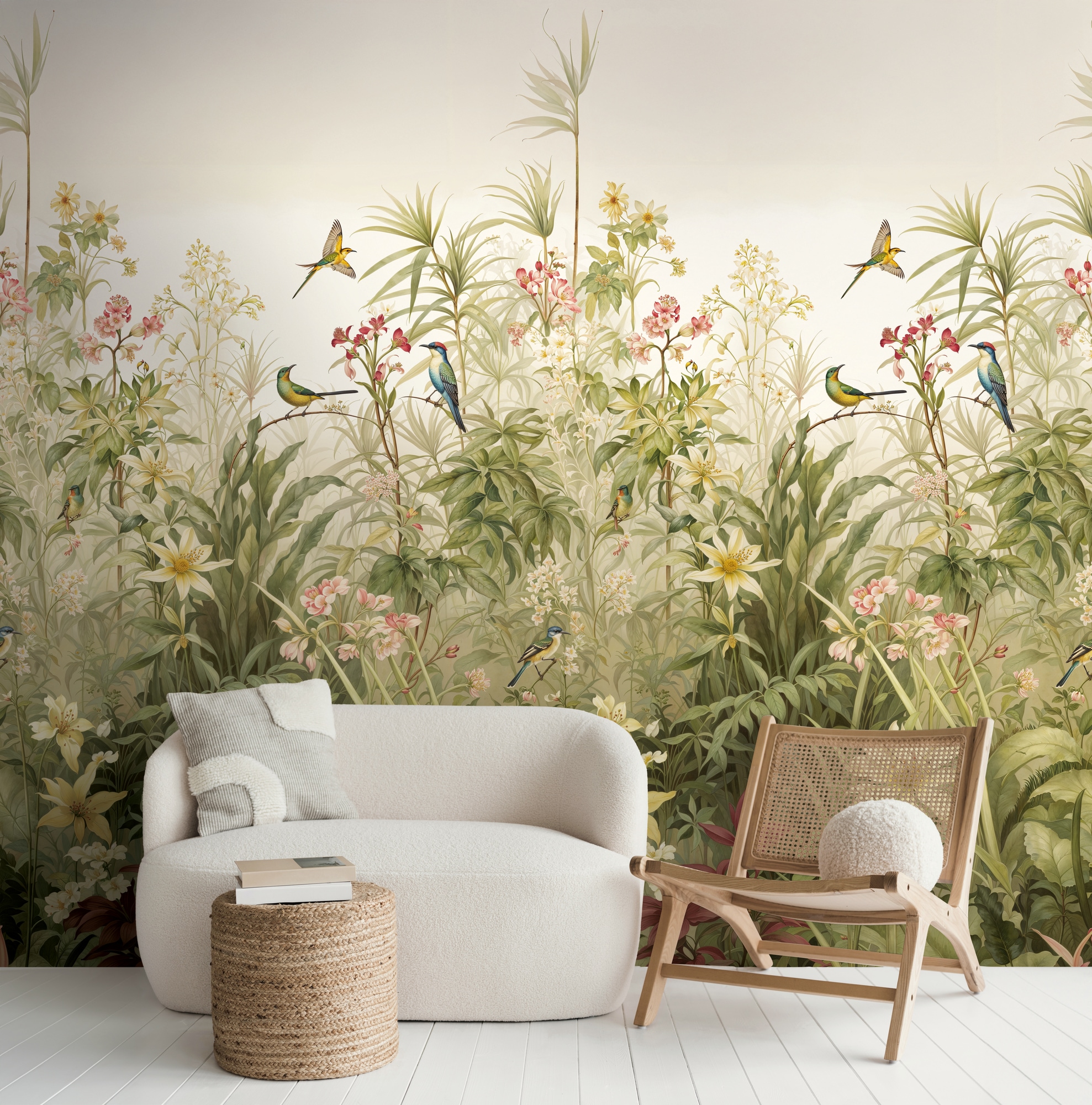 living walls Fototapete "The Wall 4 Flowers – Vögel und Wildpflanzen Vlies-Fototapete" botanisch floral matt leicht strukturiert Vögel und Wildpflanzen – natürlicher Tiefenwirkung