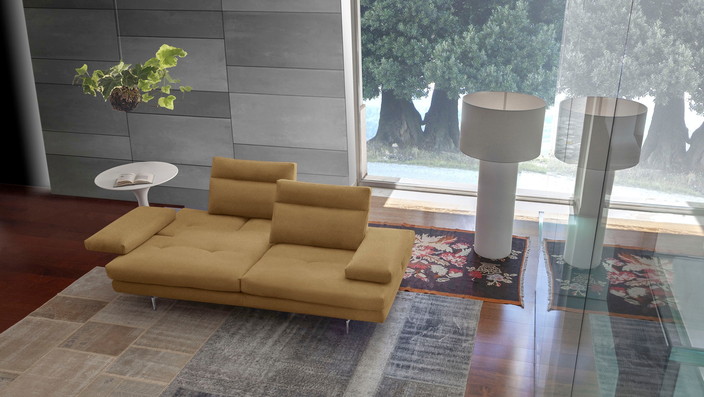 CALIA ITALIA 3-Sitzer "Toby Wing, 208 cm breit, Designsofa mit hohem Sitzkomfort" inklusive Sitztiefenverstellung, Füße in Chrom glänzend
