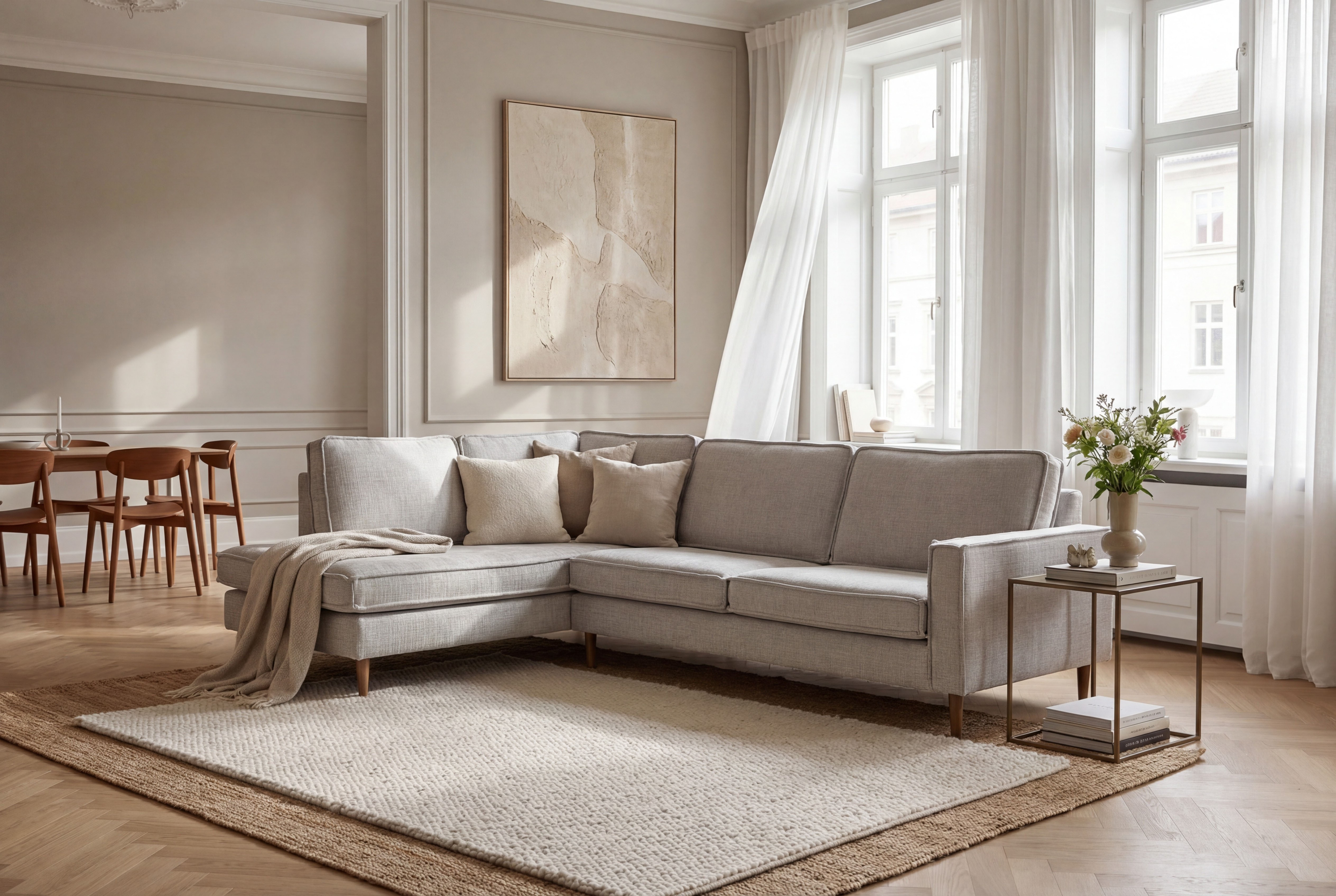 OTTO home Ecksofa "Pinto Skandi, 290 cm, Chenille, Struktur, Ottomane links / rechts" mit Keder, Massivholzfüße Eiche geräuchert, Wellenunterfederung