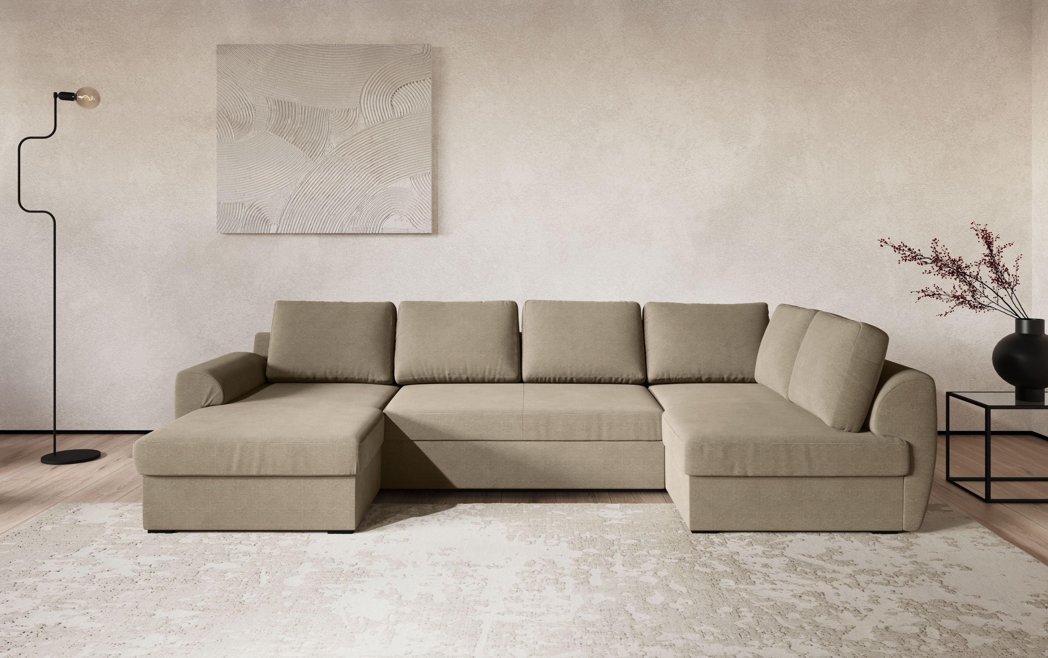 COTTA Wohnlandschaft "Drift U-Form Sofa mit Ottomane, B: 327 cm" optional auch mit Schlaffunktion, Wellenunterfederung