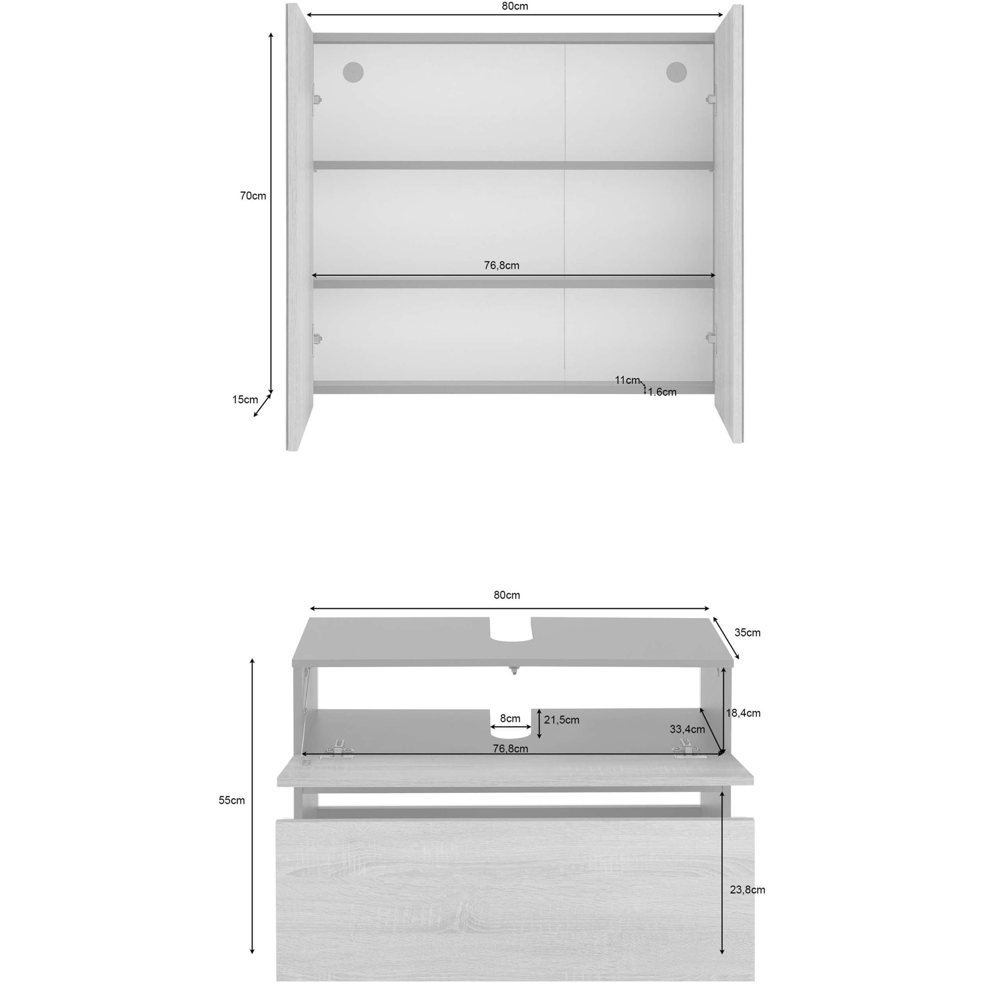 Home affaire Badmöbel-Set »Wisla«, (Set, 2 St.), Spiegelschrank, WBU mit Siphonausschnitt u. Push-to-open, Breite 80 cm