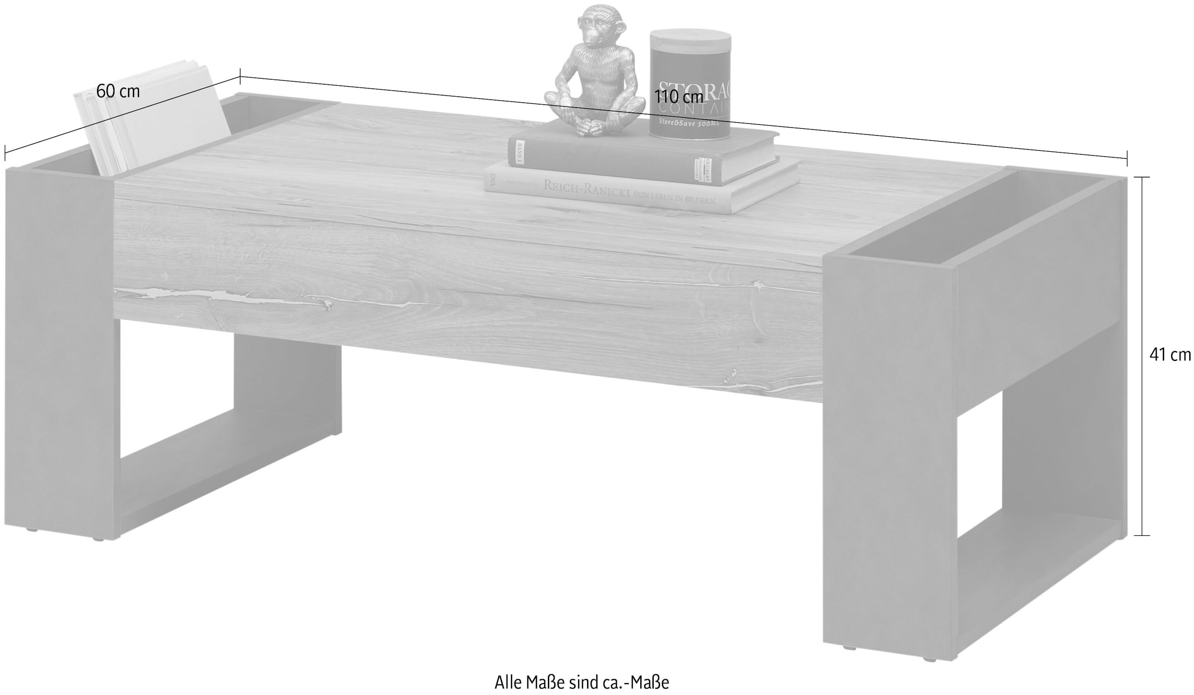Stolkom Couchtisch »Lilo Wohnzimmertisch mit Ablagefächer, BxHxT 110x41x60 cm«, 2 Ablagefächer, Industrial Style, Flagstaff Oak