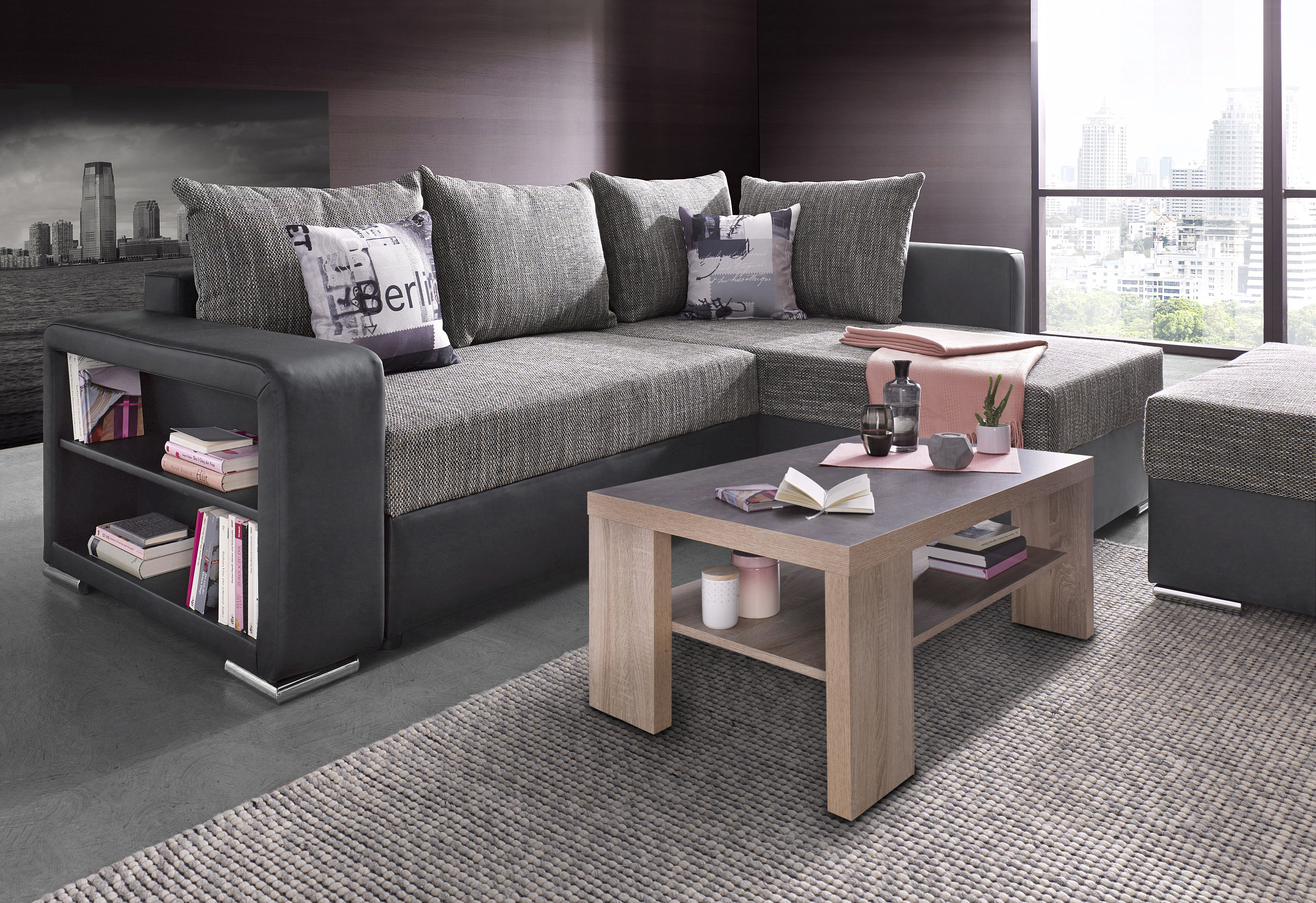 COLLECTION AB "John L-Form, B: 226 cm, Schlaffunktion & Bettkasten" Regalelement & 2 Zierkissen, Couch optional mit Federkern