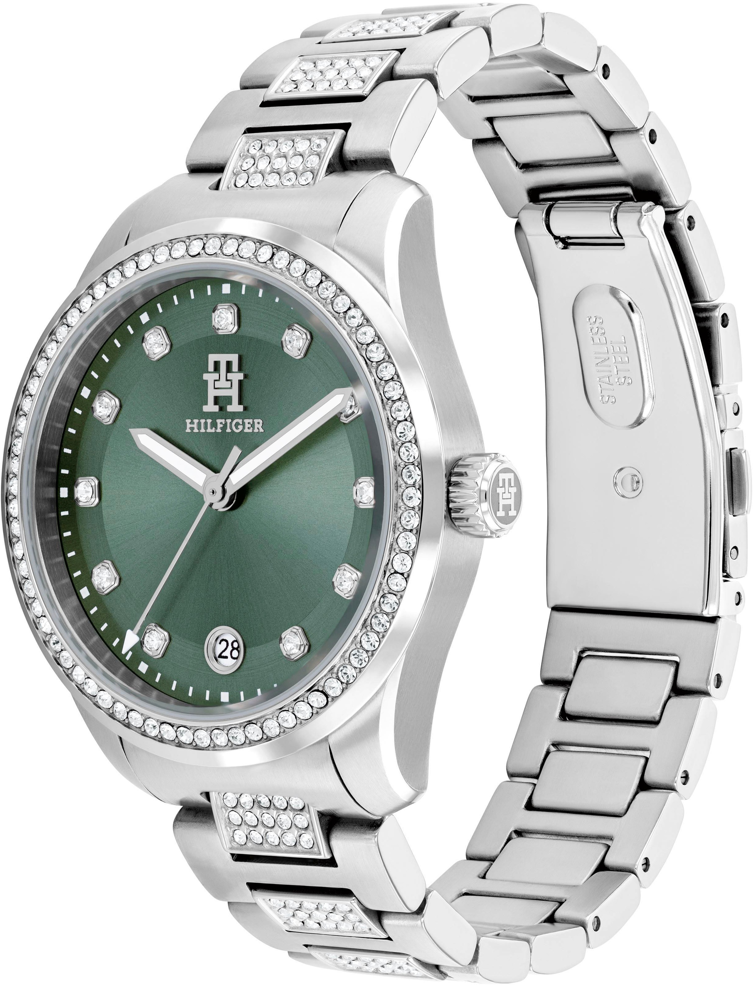 Tommy Hilfiger Quarzuhr »TH85 CRYSTALS«, Armbanduhr, Damenuhr, Edelstahlarmband, analog, Tag, Glassteine
