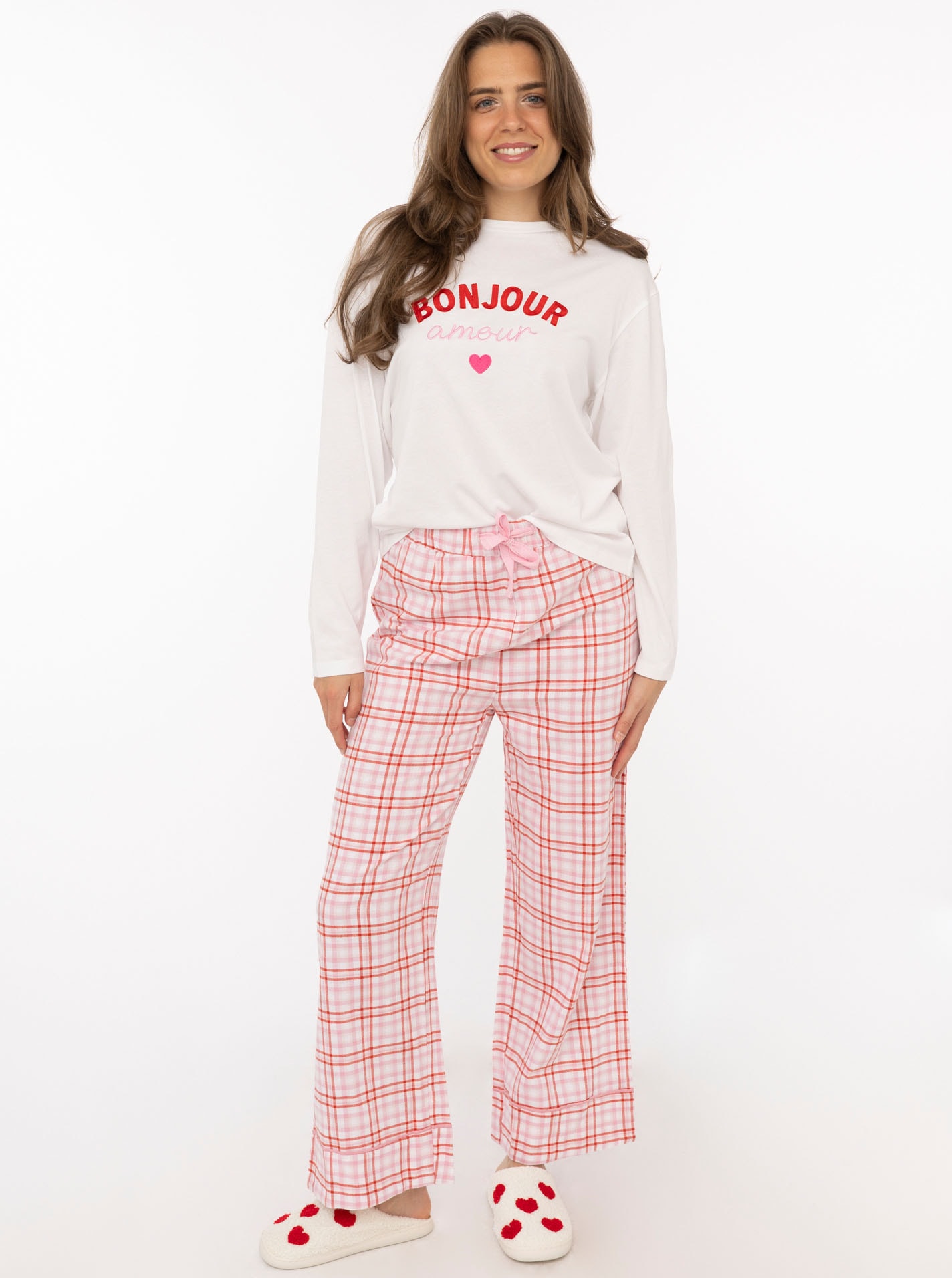 Zwillingsherz Pyjama "Bonjour Amour" 2 Longsleeve mit Schriftzug und langer, karierter Hose
