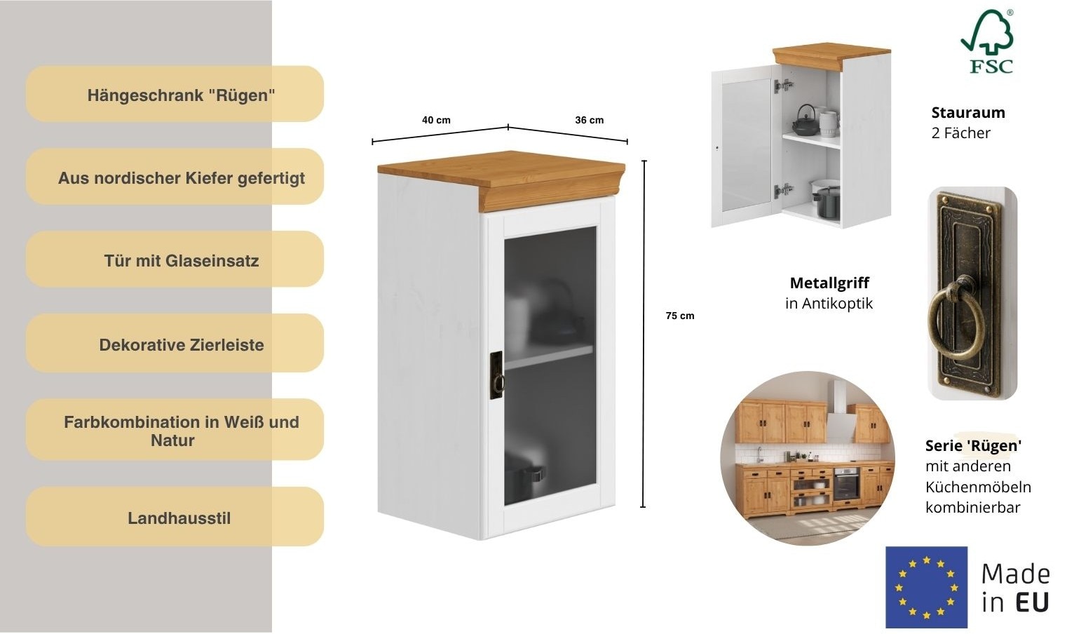 Home affaire Hängeschrank »Rügen«, Breite 40 cm, FSC® zertifiziertes Massivholz, Tür mit Glaseinsatz