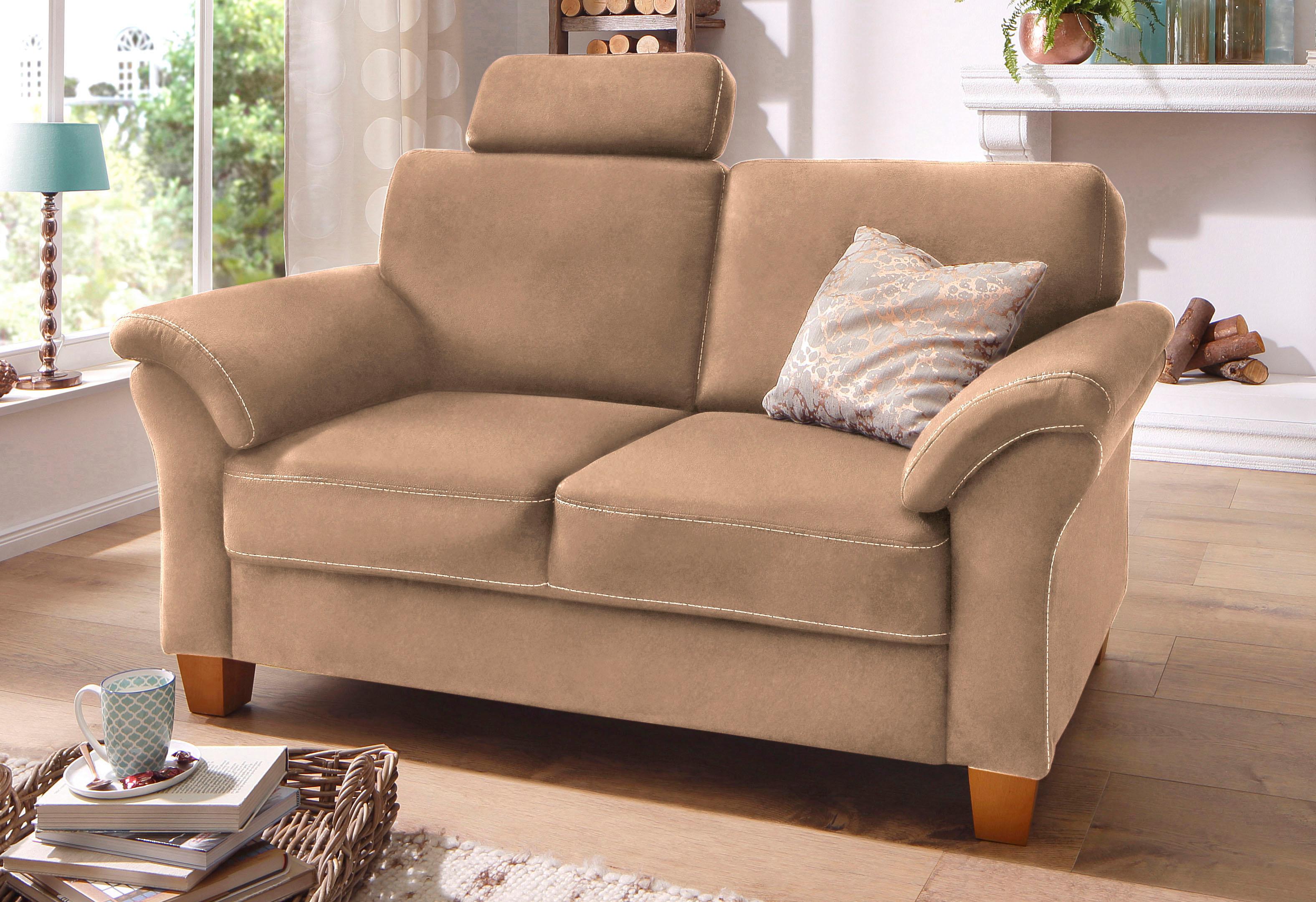 OTTO home 2-Sitzer "Borkum, B: 156 cm, Federkern-Polsterung, Landhausstil, Sitzhöhe 46 cm" Kopfstützen nachrüstbar, Wellenunterfederung, Massivholzfüße