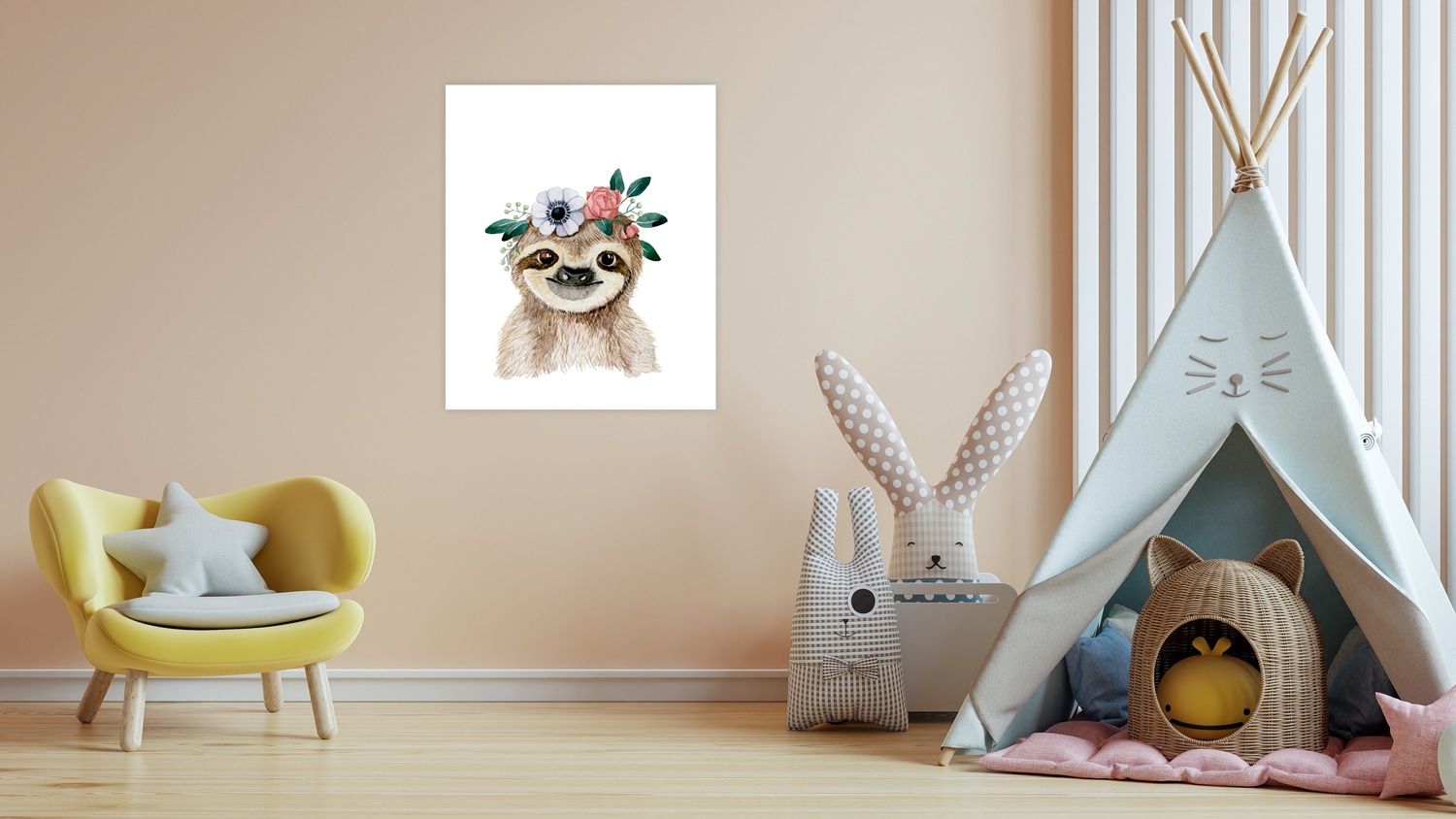 Lüttenhütt Bild mit Rahmen "oder Poster, Faultier mit Blumenkranz" Fantasy Faultier Tiere 1 Stk. tlg. HD Premium Druck
