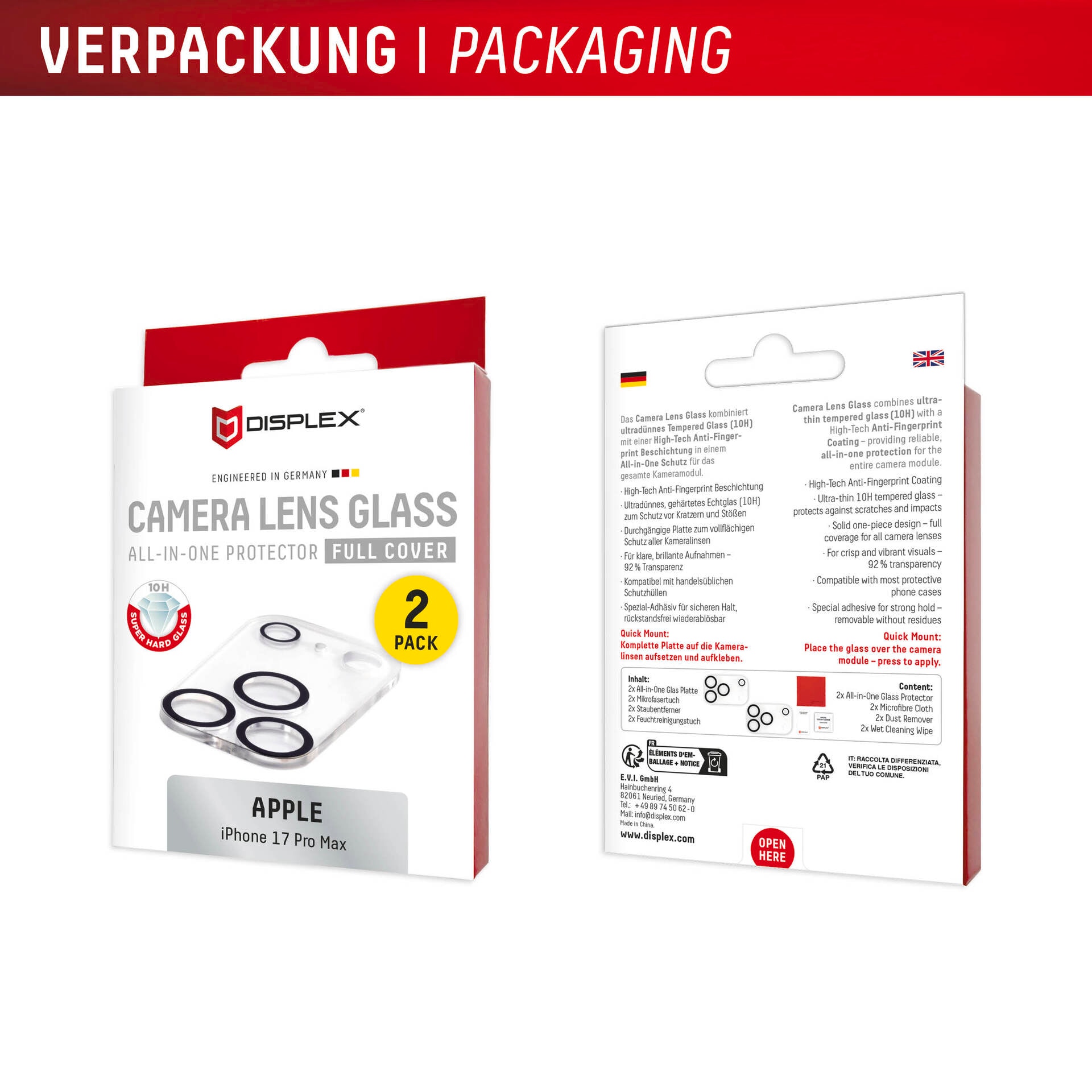 Displex Kameraschutzglas »Camera Lens Glass Glass All-In-One Protector Full Cover«, für Apple iPhone 17 Pro Max, Kameraschutz,Linsenschutz,Objektivschutz, kratz- & stoßfest