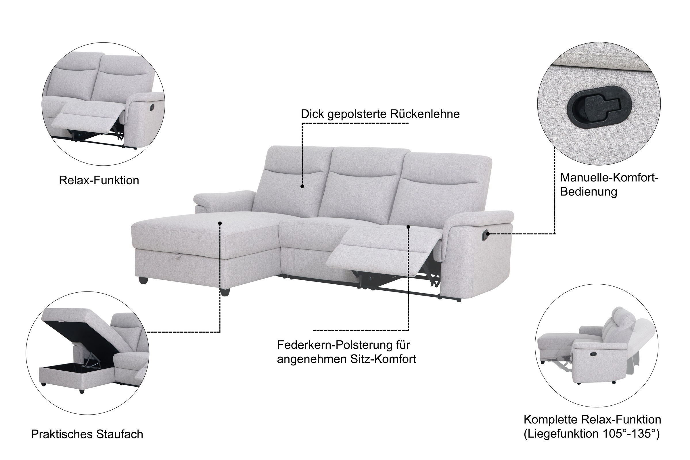 Home affaire Ecksofa »BRIONNE, L-Form, 255cm, manuelle u. elektrische Funktion (USB A/C),«, Liegefunktion, Stauraum, Federkernpolsterung, Webstoff