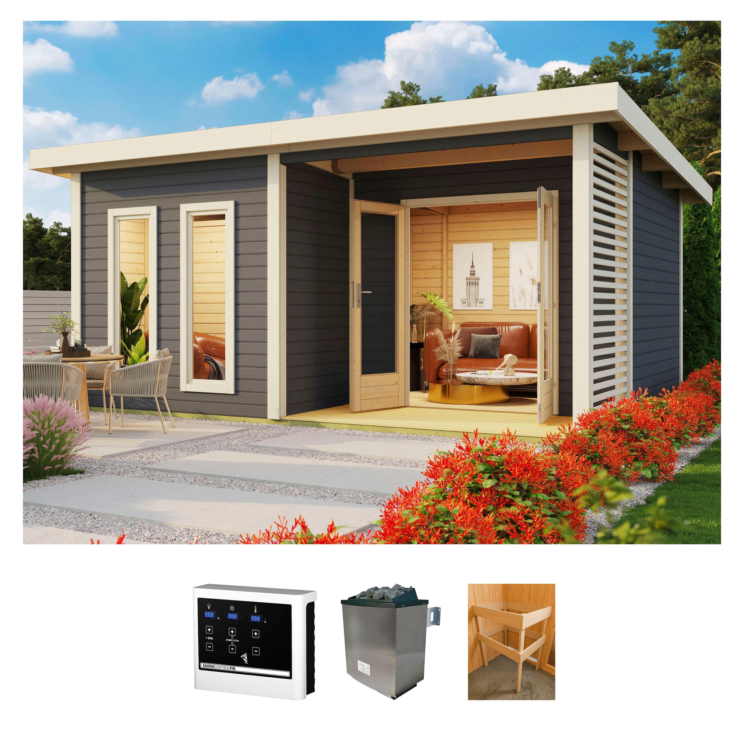 KONIFERA Saunahaus "Maiko 5 SET B", Saunaofen, externe Steuerung, 9 kW, grau, Garten, Saunen, Ofen 9 KW externe Strg easy