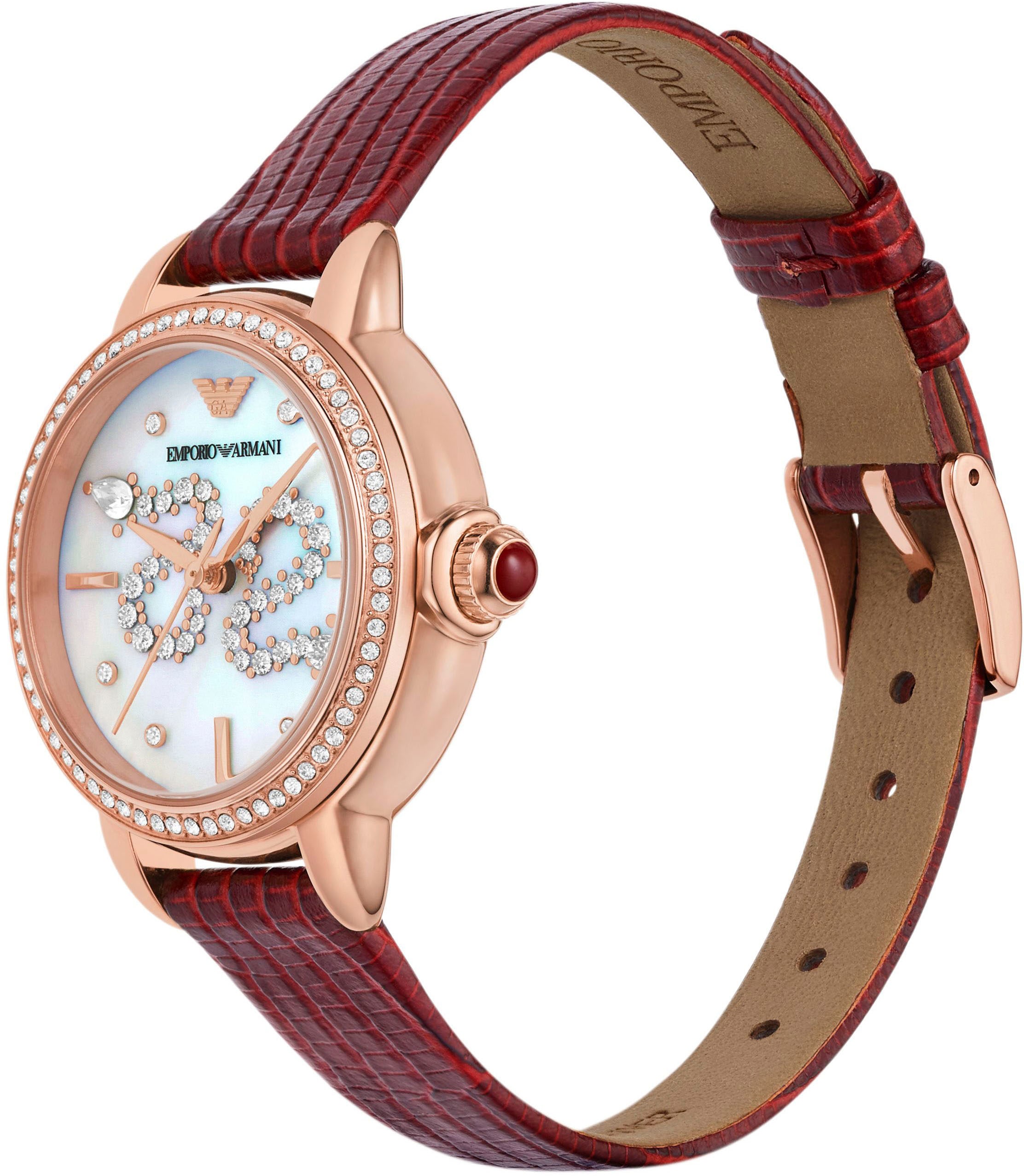 Emporio Armani Quarzuhr, Armbanduhr, Damenuhr, Lederarmband, analog, Glassteine