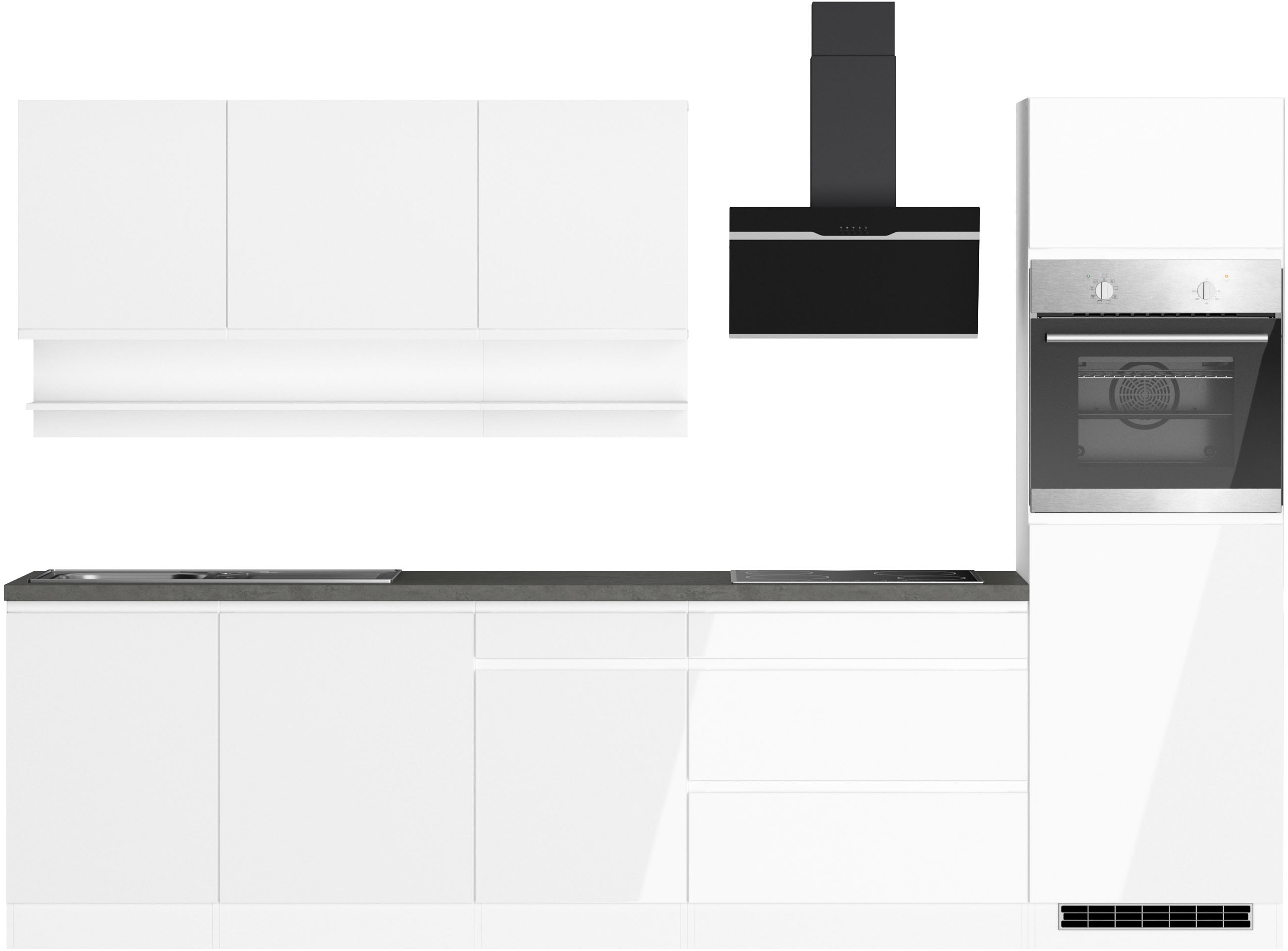 KOCHSTATION Küchenzeile "KS-Virginia,neu in verbesserter Ausführung" Arbeitsplatte 38 mm stark, Stauraum, Softclose, Breite 300 cm, Soft-Close, wahlweise mit E-Geräten
