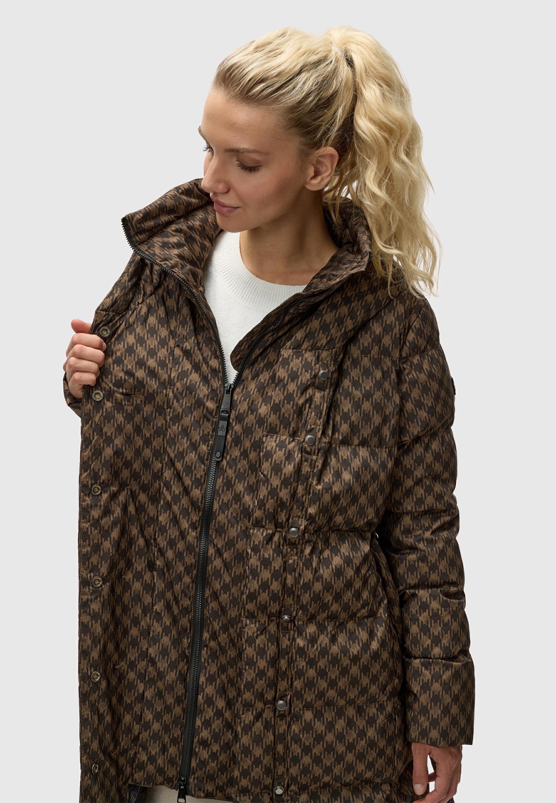 Ragwear Steppmantel »Niara Long Print«, wasserdichter Mantel mit angesagtem Hahnentritt Muster