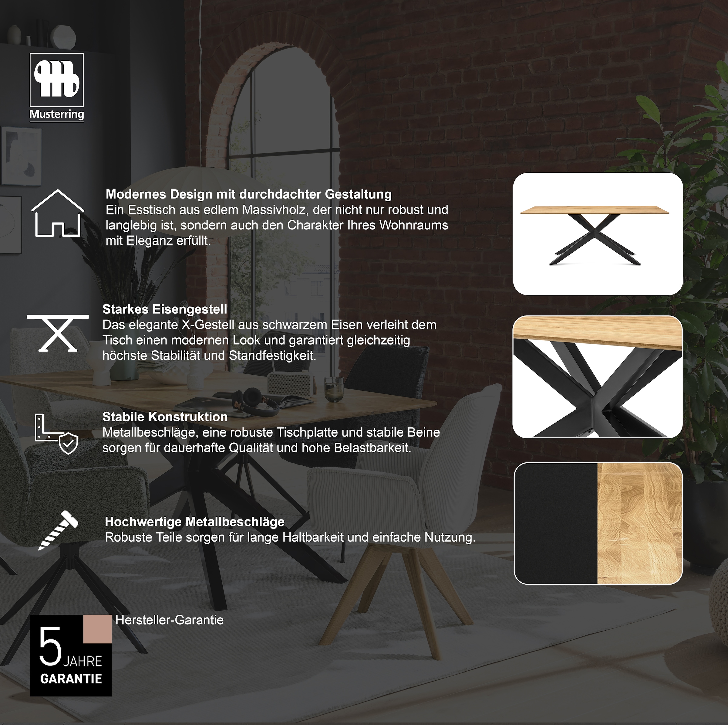 Musterring Esstisch mit fester Platte in Barock-Eiche massiv, 20mm, Eisengestell schwarz