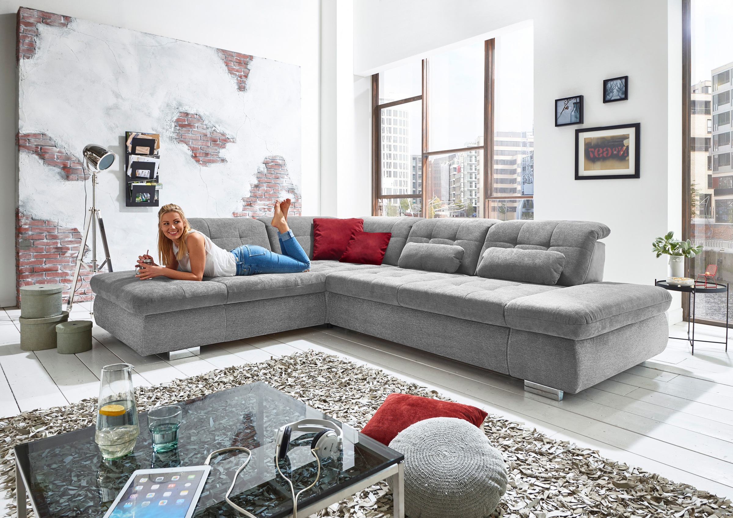 Ecksofa DIE PLANBAR "MP-IN17004 L-Form, Breite 323 cm, wahlweise weitere Funktionen", silber, B:323cm H:84cm T:124cm, 100% Polyester, Sofas, Ecksofa, Kaltschaum-Polsterung, inkl. Sitztiefenverstellung 6
