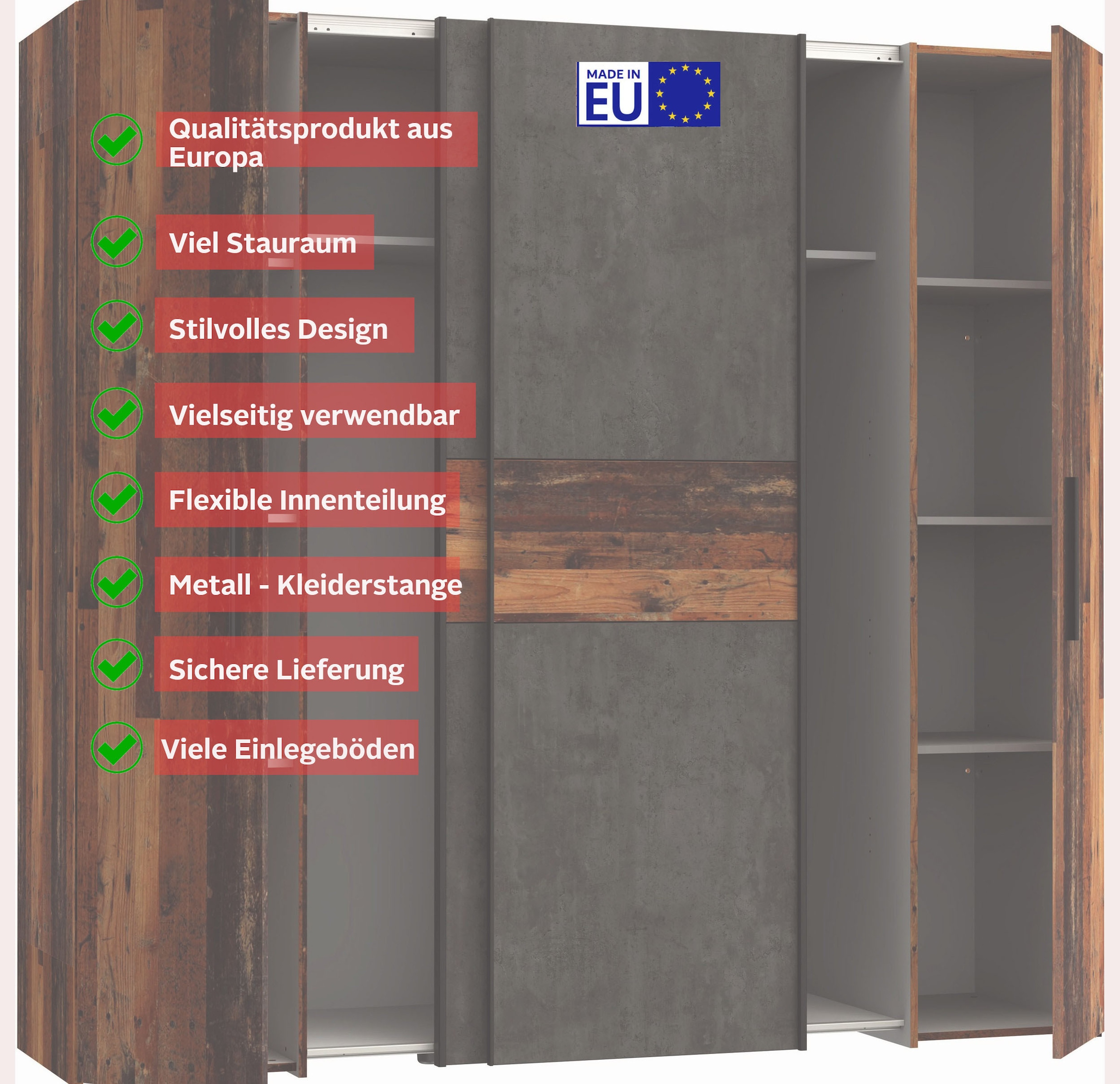 FORTE Kleiderschrank »Kalixtus, TOPSELLER, Made in Europe«, (B/H/T ca. 200x190x60 cm, 2 Schiebetüren, 2 Drehtüren, 8 Einlegeböden), Kombination aus Dreh- und Schwebetüren, mehrere Farben