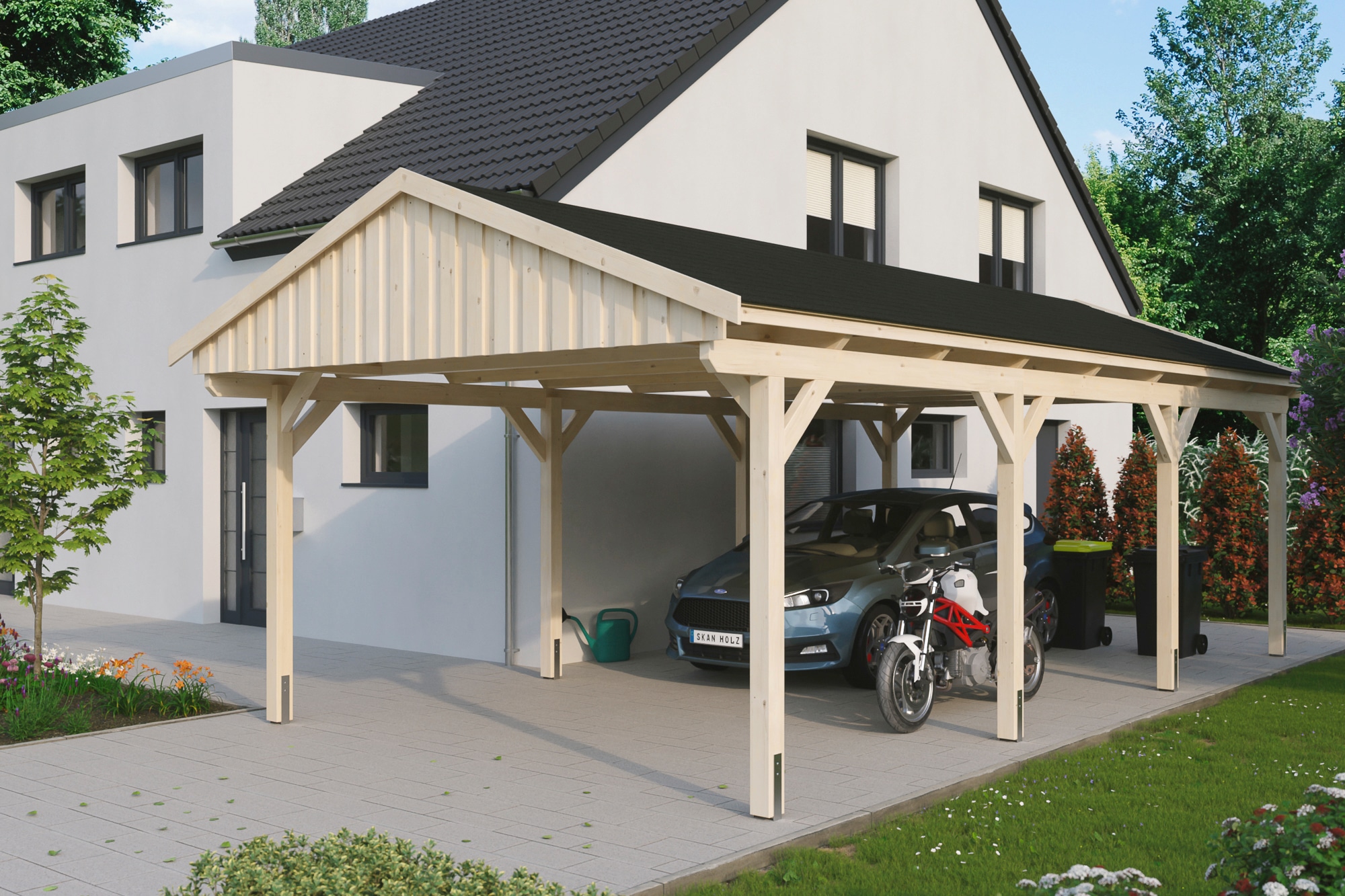 Skanholz Einzelcarport "Fichtelberg" Leimholz natur mit schwarzen Schindeln