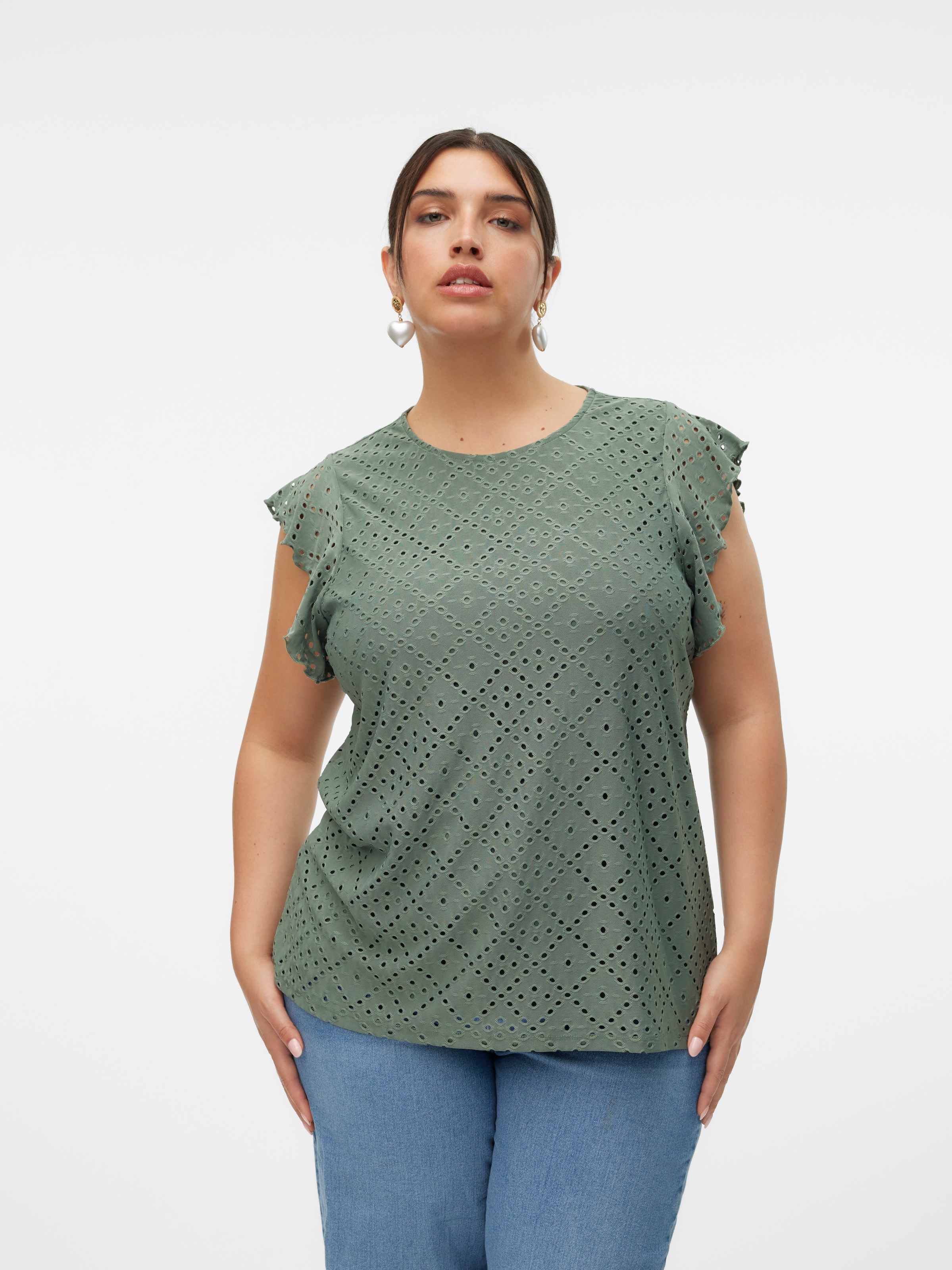 Vero Moda Curve Spitzenshirt "VMCTASSA SL FRILL TOP NOOS CUR" Materialmix, günstig online kaufen