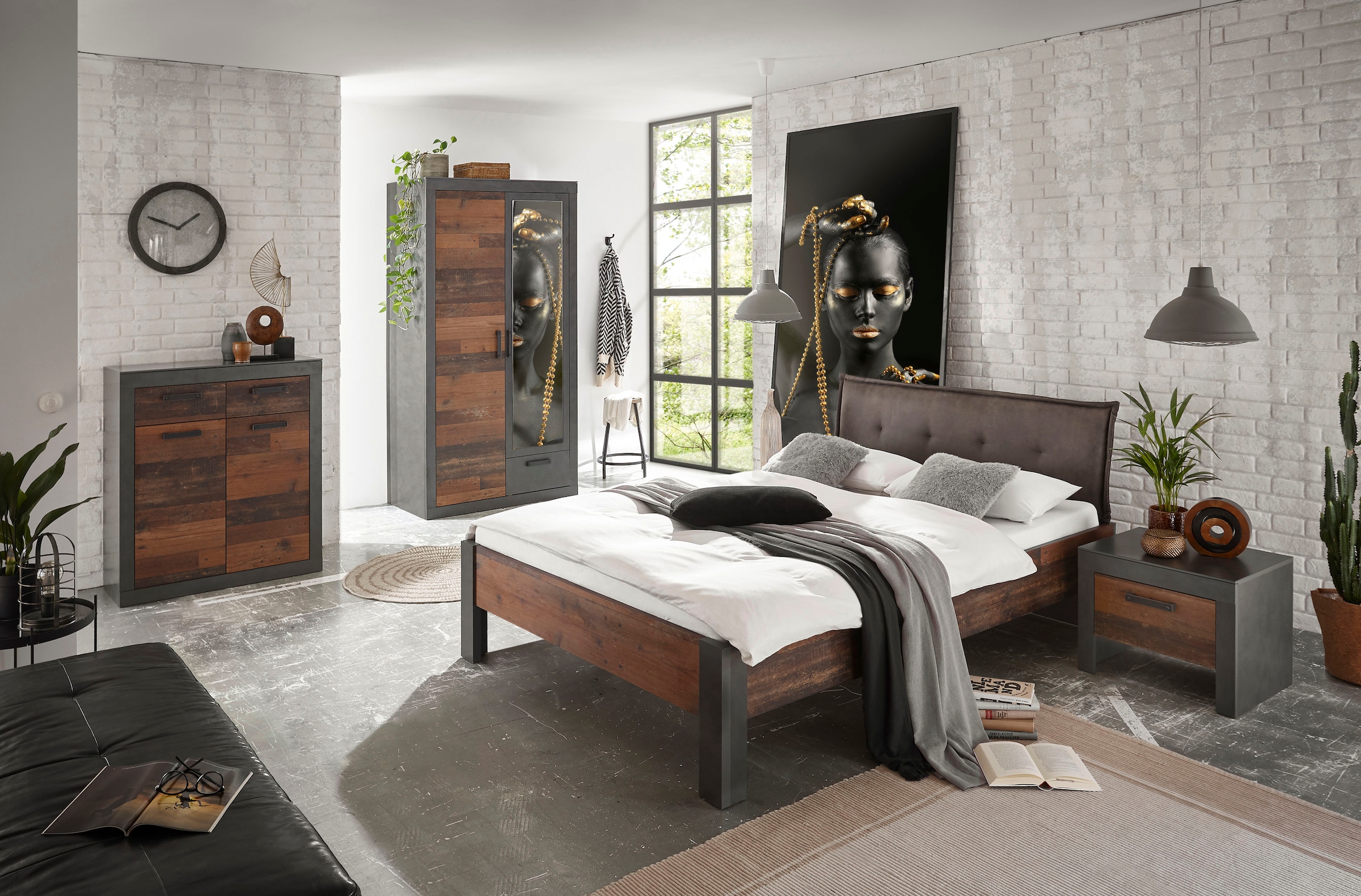 Home affaire Schlafzimmer-Set »BROOKLYN«, (Set, 4 St., mit Polsterkopfteil, Nachtkommode, Kleiderschrank 2 trg., Kommode), in dekorativer Rahmenoptik
