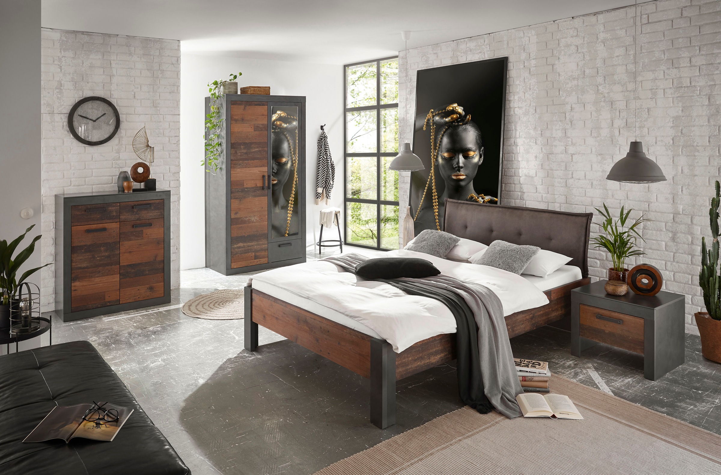 Home affaire Schlafzimmer-Set "BROOKLYN", (Set, 4 tlg., mit Polsterkopfteil, Nachtkommode, Kleiderschrank 2 trg., Kommod