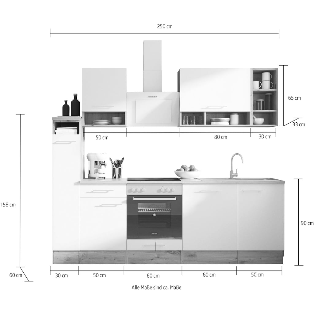 RESPEKTA Küche »Hilde«, Breite 250 cm, wechselseitig aufbaubar