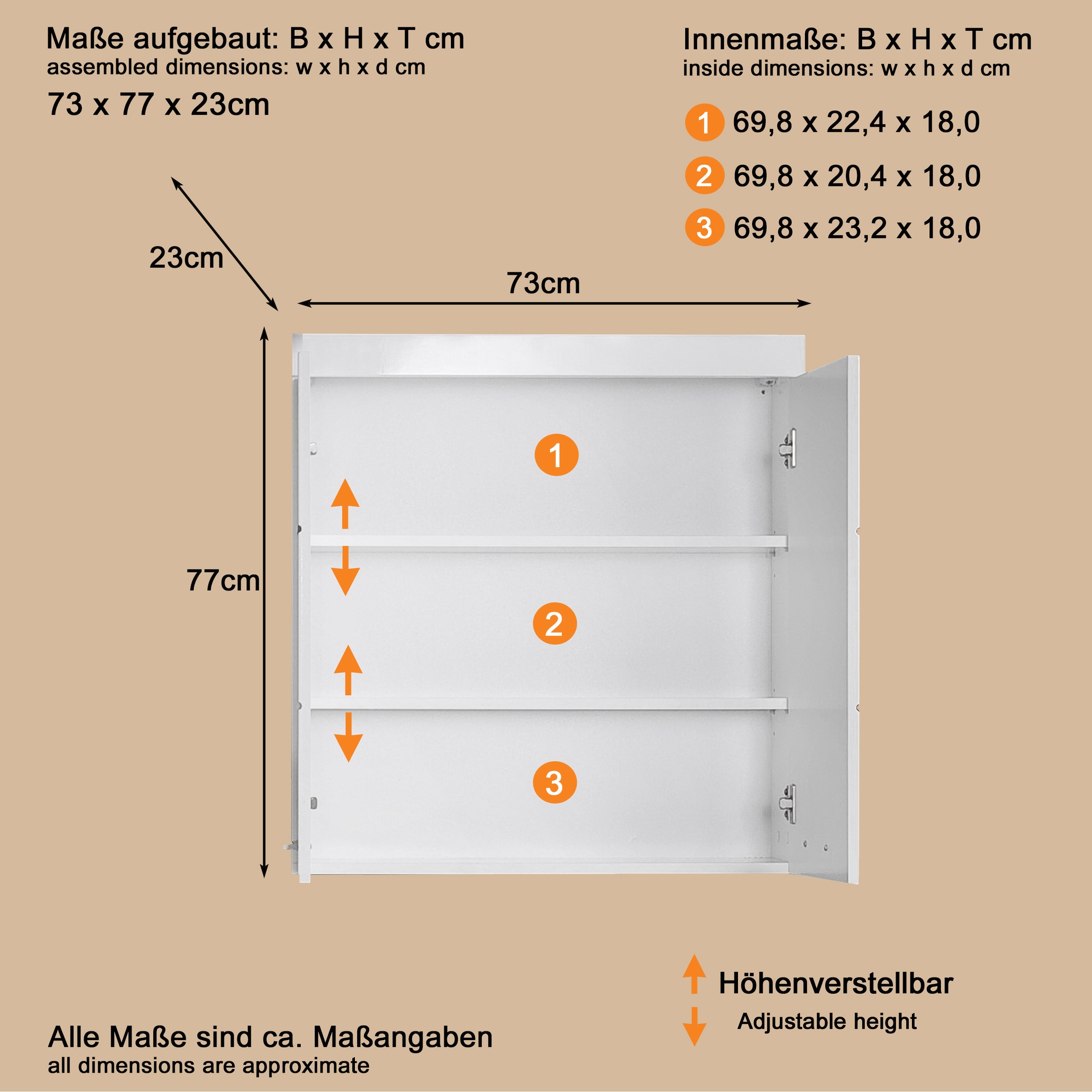 welltime Hängeschrank »Avena«, Badschrank breit mit verstellbaren Böden - Maße (B/T/H) 73/23/77 cm