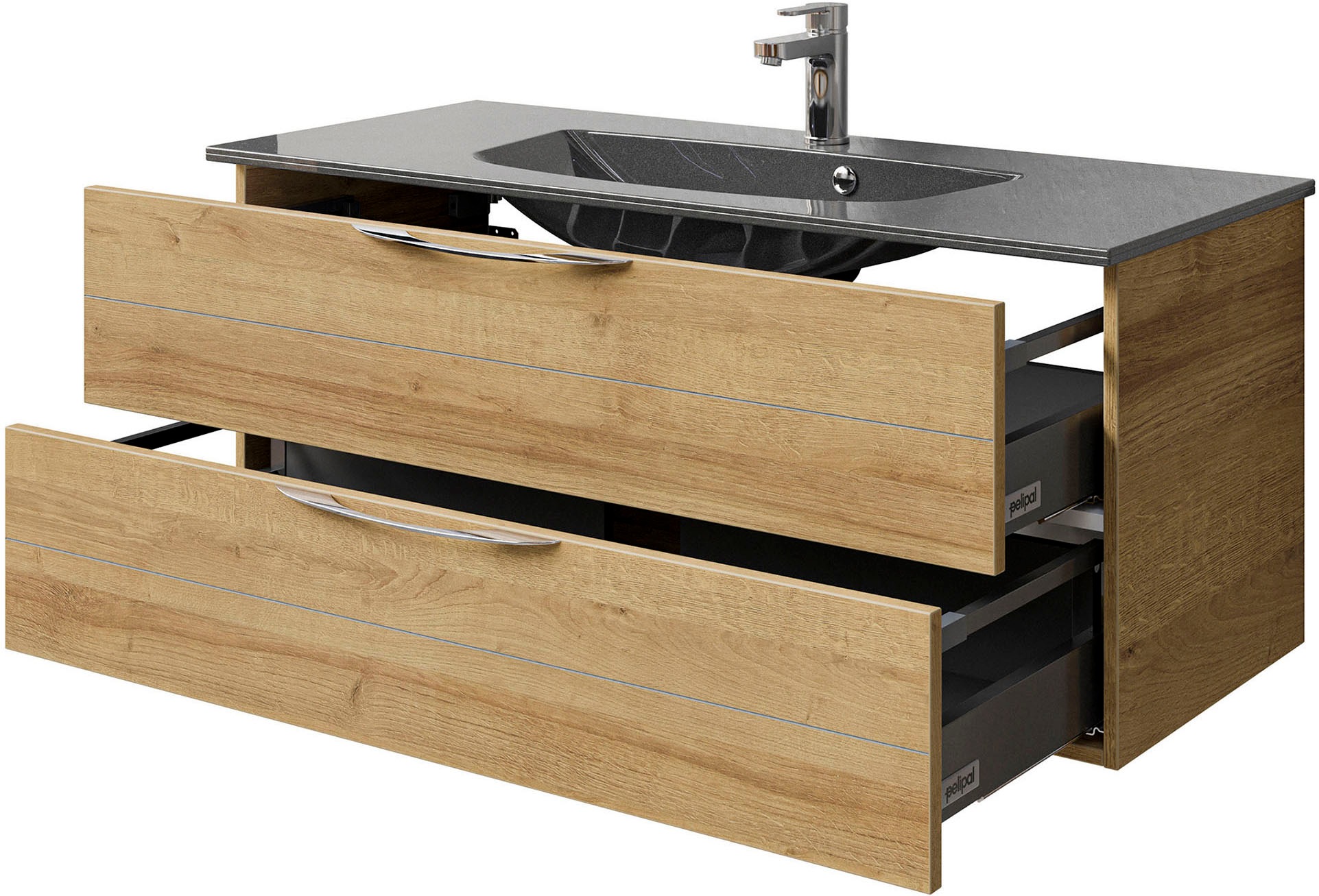Saphir Badmöbel-Set »Serie 6025 2-teilig Mineralmarmor-Waschtisch mit LED-Spiegelschrank«, (2 St.), Waschplatz 117cm breit, 2 Schubladen, 3 Spiegel-Türen, inkl Türdämpfer