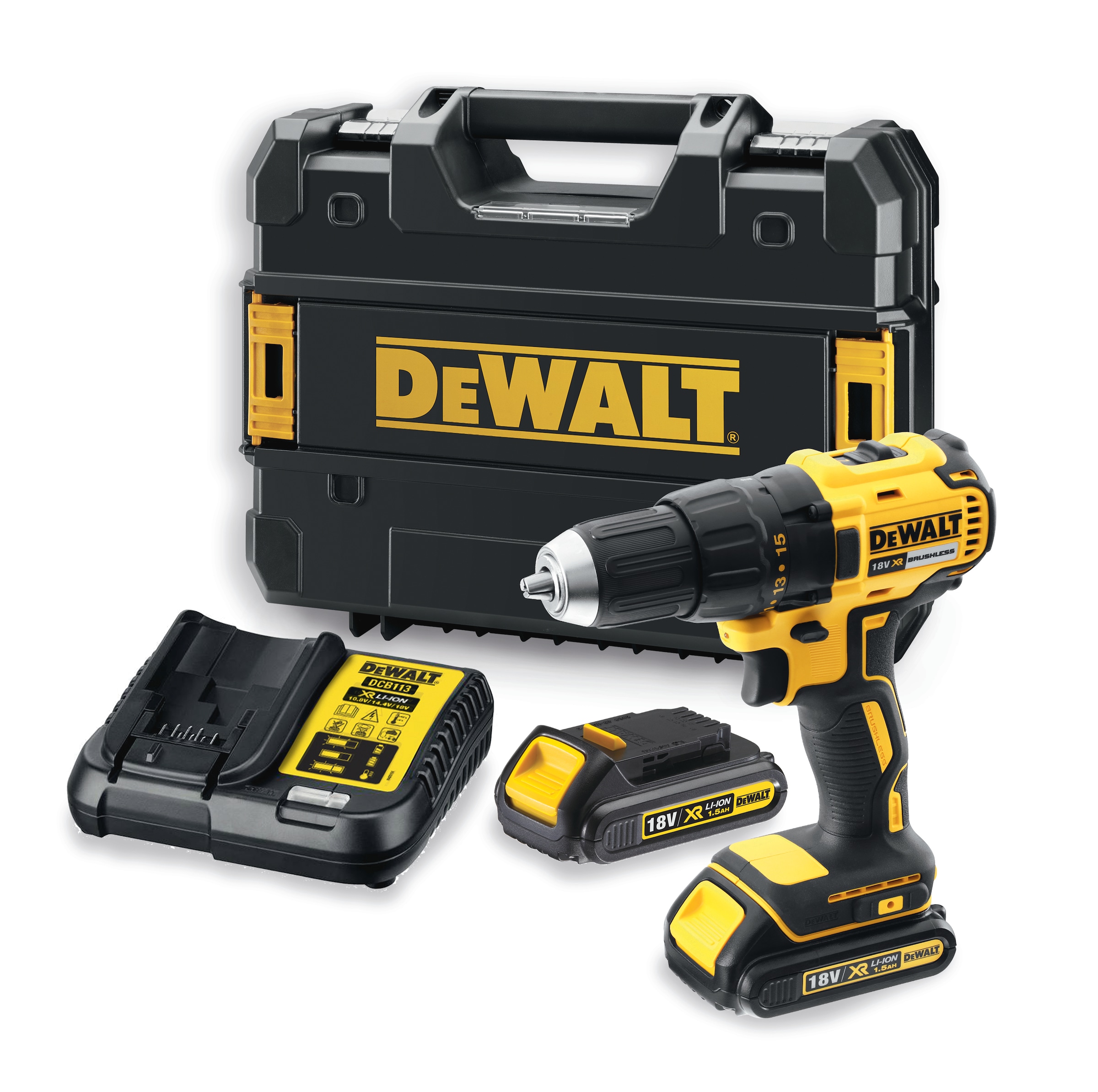 DeWalt Akku-Bohrschrauber »DCD777S2T-QW Akku-Bohrschrauber (bürstenlos) 350 Watt, 18V, T STAK-Box«, max. Bohrleistung 30/13mm, inkl. 2x1,5Ah Akkus und Schnellladegerät