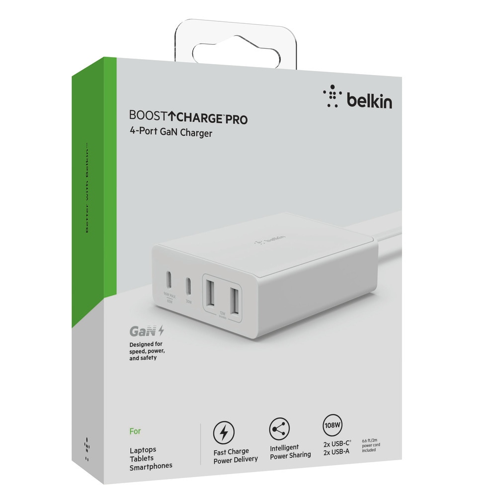 Belkin USB-Ladegerät »108W 4-Port GaN, 2x USB-C, 2x USB-A, 2m Netzkabel«, für Laptops Tablets Smartphones