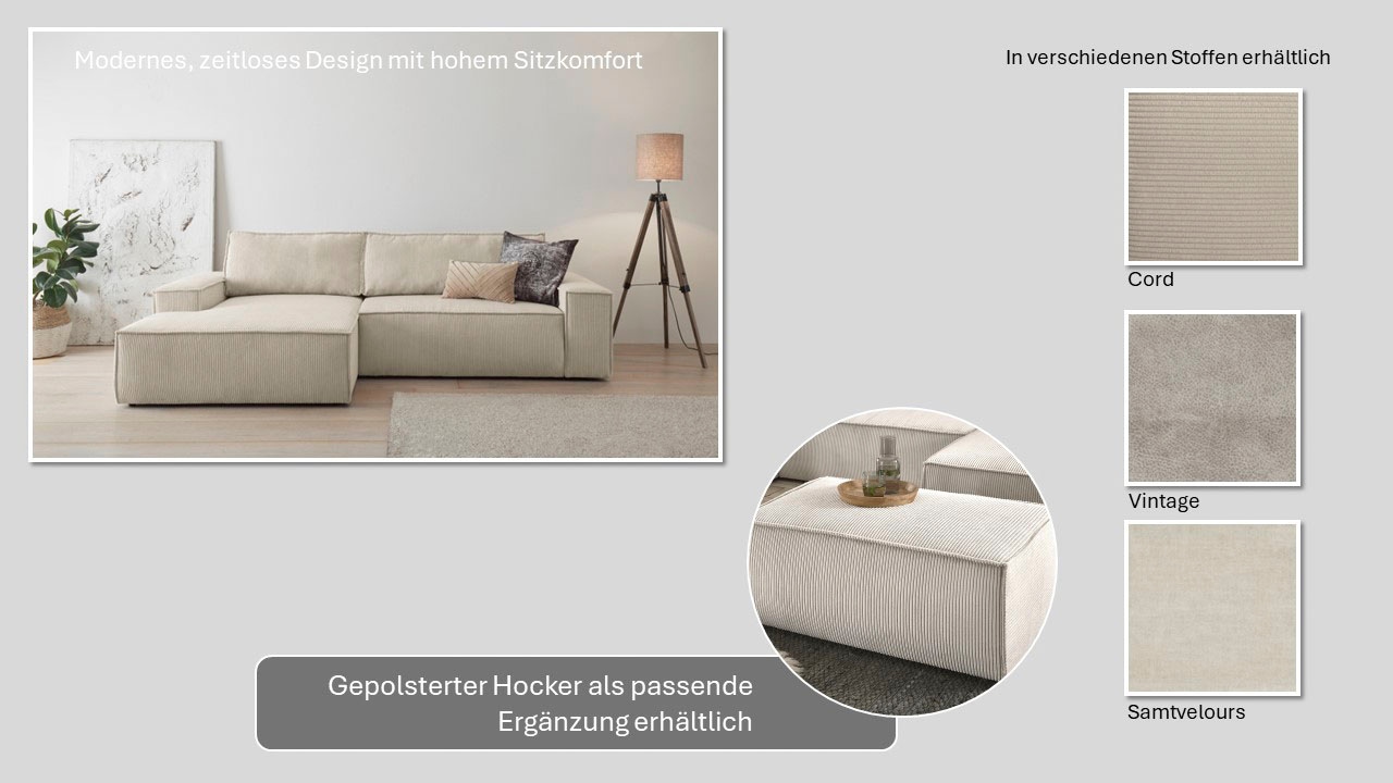 Home affaire Ecksofa »SHERWOOD L-Form, 267 cm - OTTO. Verlässliche Qualität.« Schlaffunktion mit Bettkasten (210x136 cm), Cord, Vintage, Samtvelours