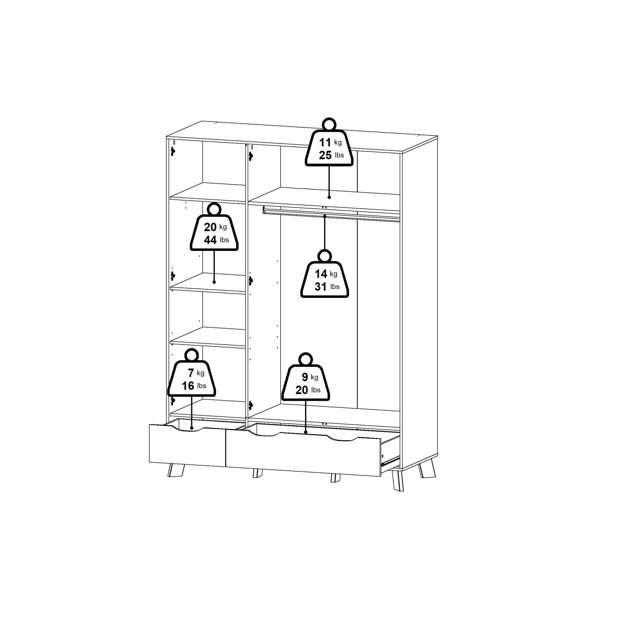 andas Kleiderschrank »Ikast Drehtürenschrank, Spiegeltür, Aufbewahrung, Schrank, Stauraum«, 1 Spiegeltür, 2 Türen, 3 Schubladen, Höhe 201 cm, Breite 147 cm