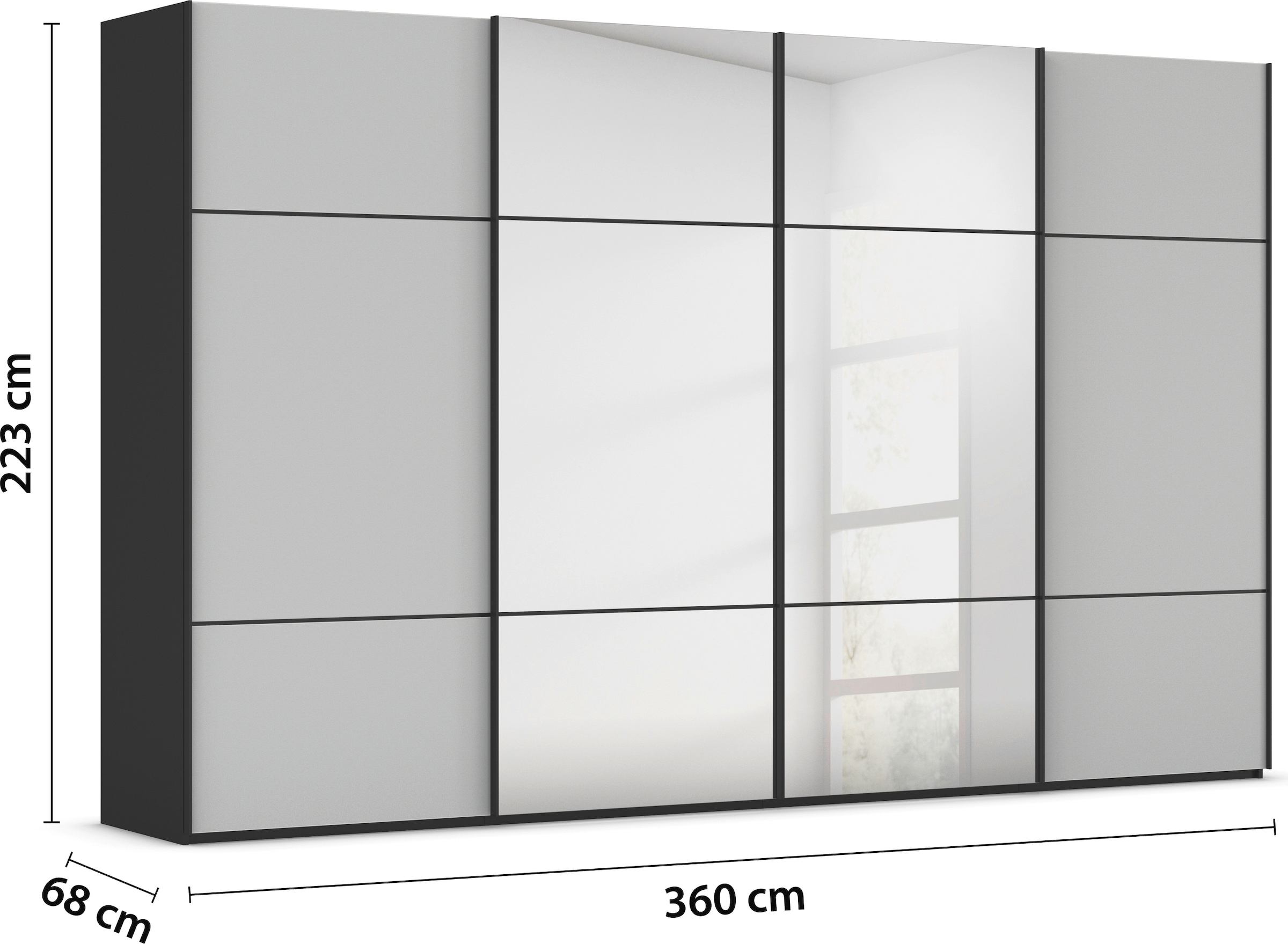 rauch Schwebetürenschrank »Kleiderschrank Schrank Garderobe Schlafzimmerschrank SCALE-TRIO«, edle dreigeteilte Front mit 2 Zierleisten Spiegel/Glas MADE IN GERMANY