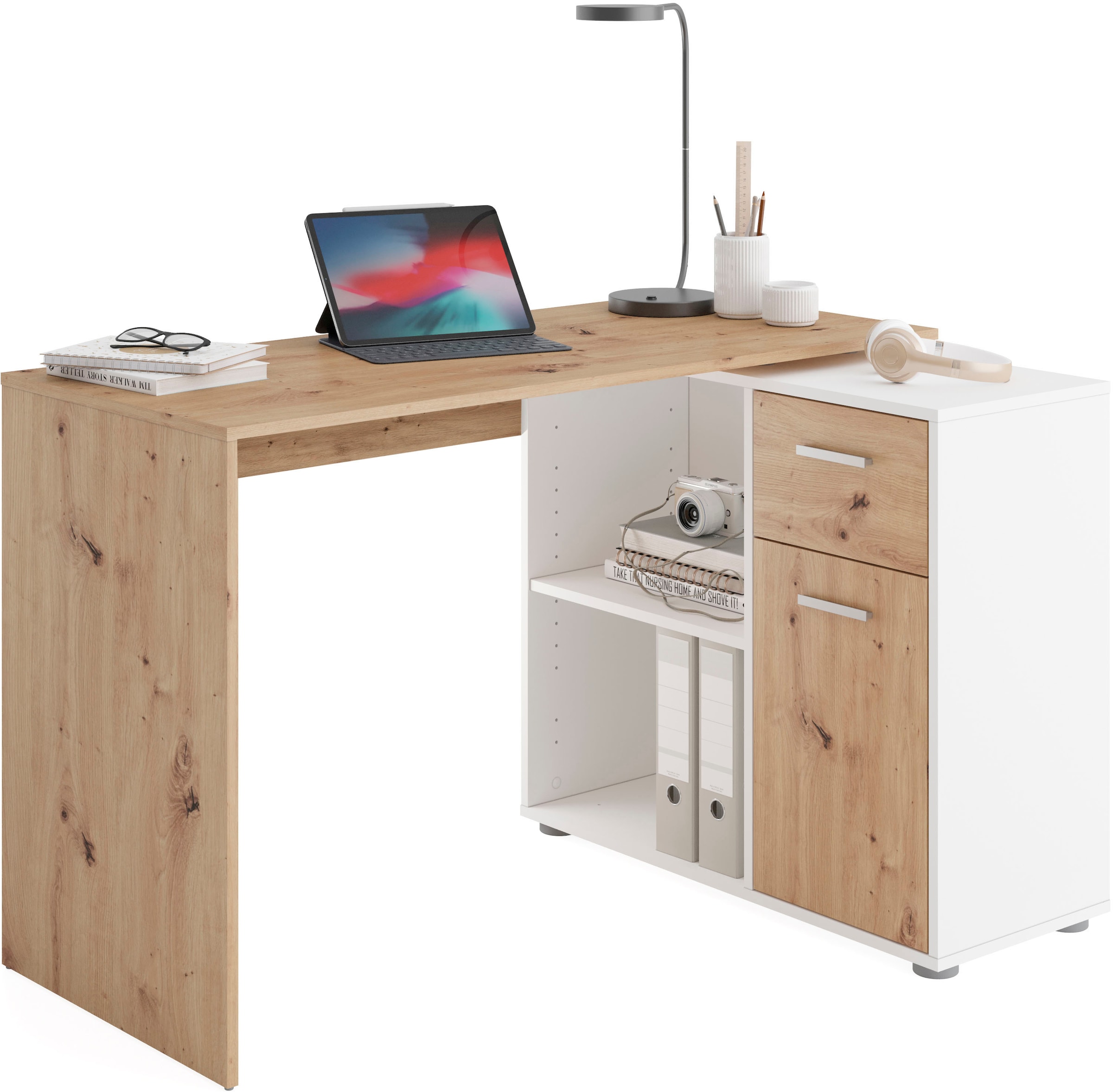 FMD Eckschreibtisch "AUGSBURG" Schreibtisch/ Sideboard m. Stauraum, beids. günstig online kaufen