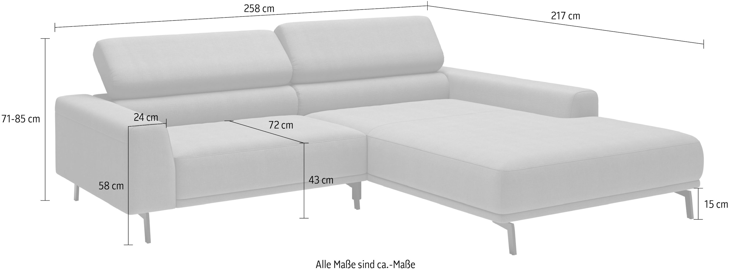 SCHÖNER WOHNEN-Kollektion Ecksofa »Tossa, Modernes Design trifft smarte Funktione, Breite 258 cm« Motorischer Sitzvorzug, Kopfteil-Funktion & Saugroboter-Höhe