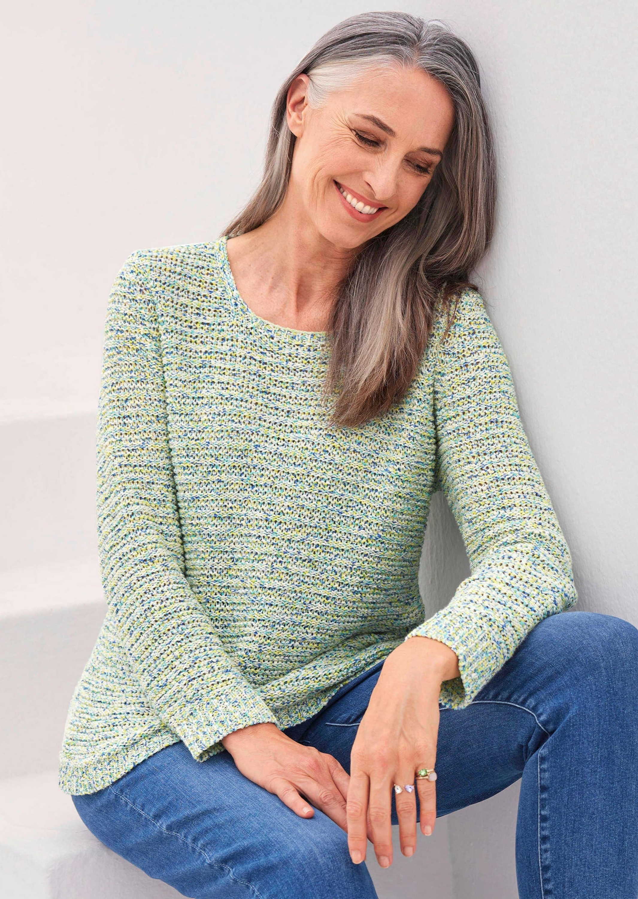 Thumbnail - GOLDNER Rundhalspullover "Kurzgröße Strickoberteil mit Multicolor-Effekt" Bändchengarn