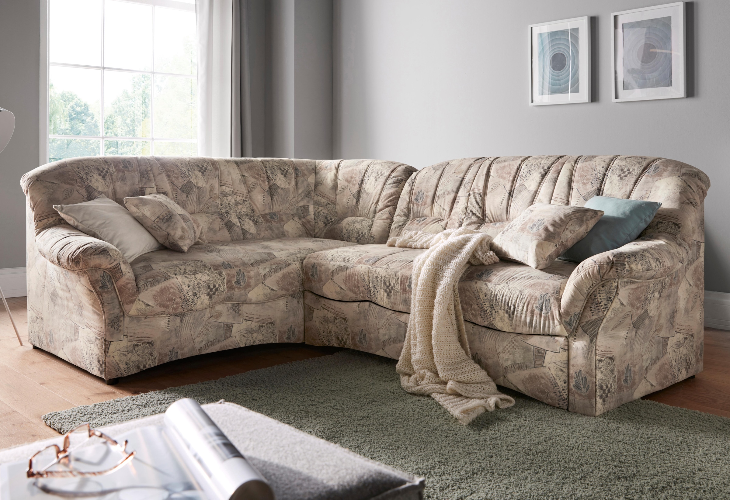 DOMO collection Ecksofa »Bahia, zeitlos und elegant, bequeme Armlehnen, L-Form«, Microfaser, natur