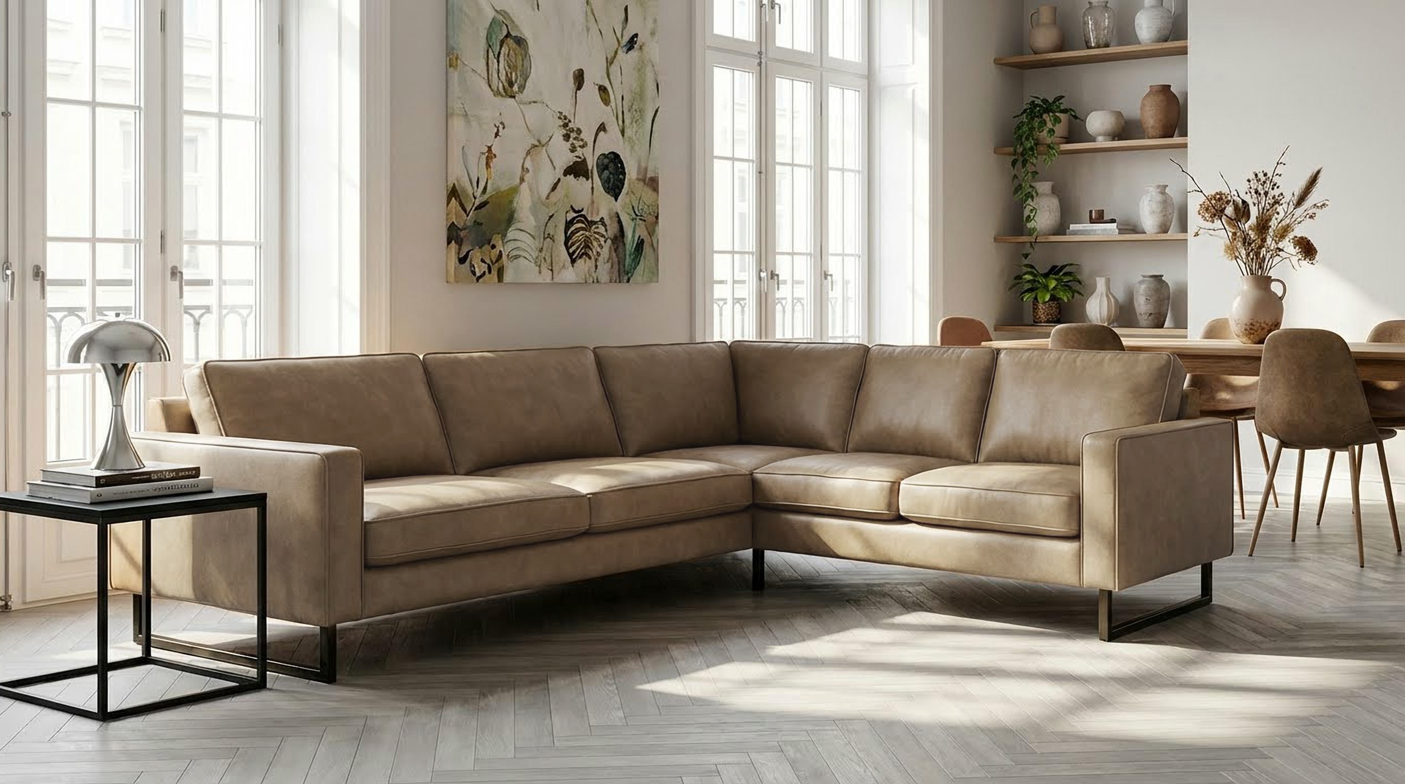 OTTO home Ecksofa "Pinto, XXL, 250/290 cm, langer Schenkel, Ottomane" Cord, Chenille, Lederoptik, mit Keder, Metallfüße, Wellenunterfederung
