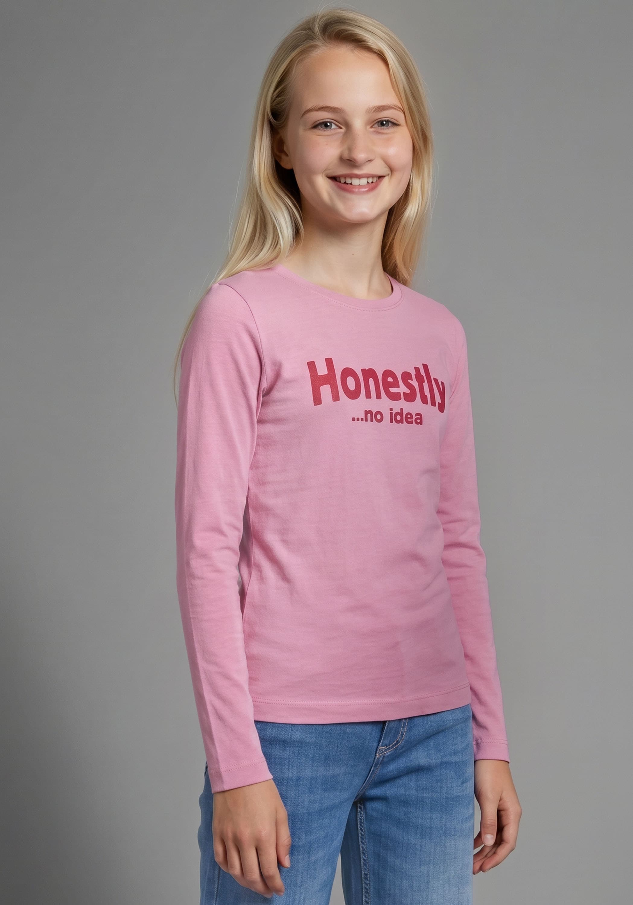 KIDSWORLD Langarmshirt "Slogan Shirt: HONESTLY" Spücheshirt, langärmlig, Basic-Stil, mit tiefem Rundhalsausschnitt