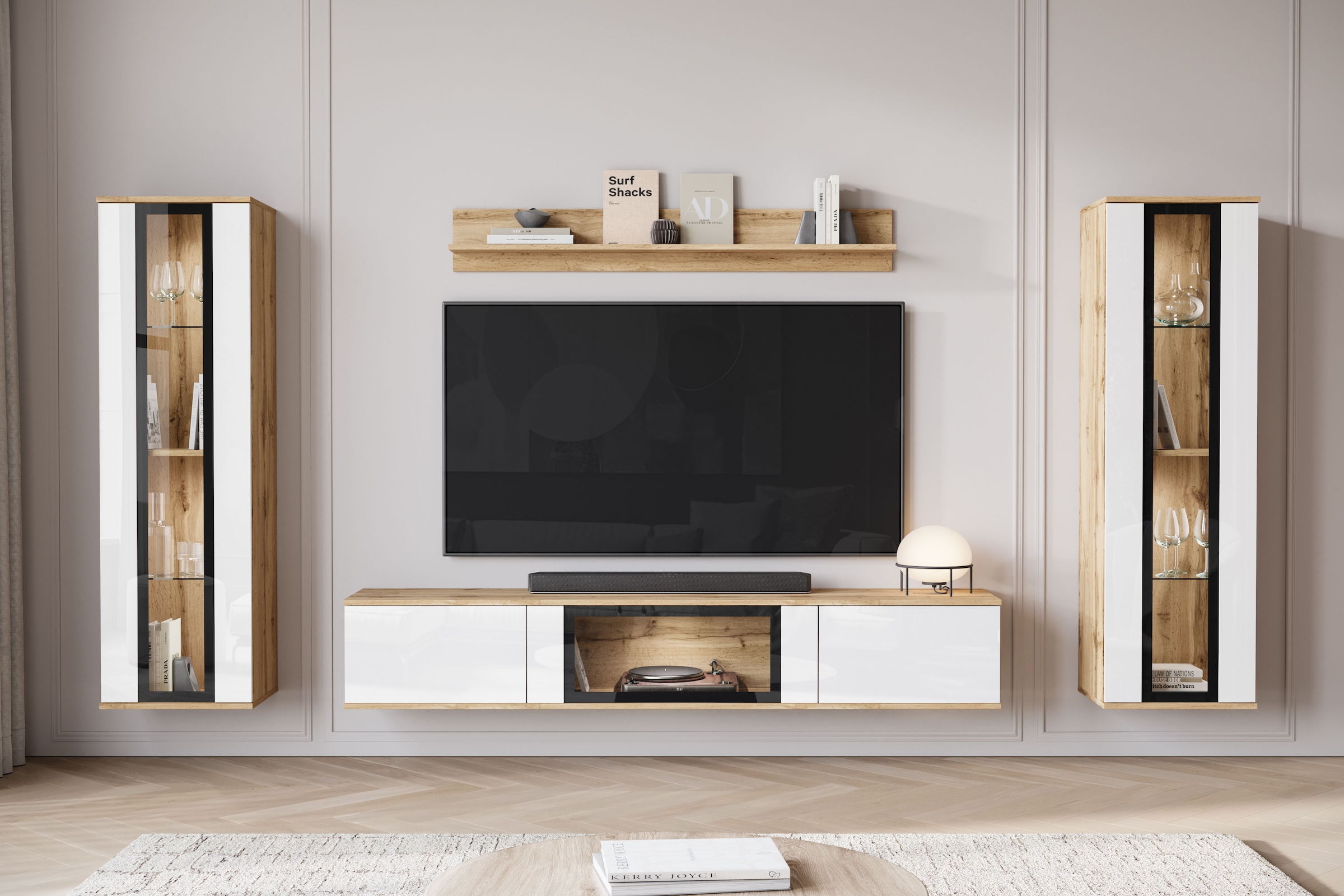 INOSIGN Wohnwand »Caro, stehend und hängend montierbar«, (Komplett-Set, 4 St., Vitrine Türanschlag links/rechts wechselbar), grifflose Design, höhenverstellbare Einlegeböden