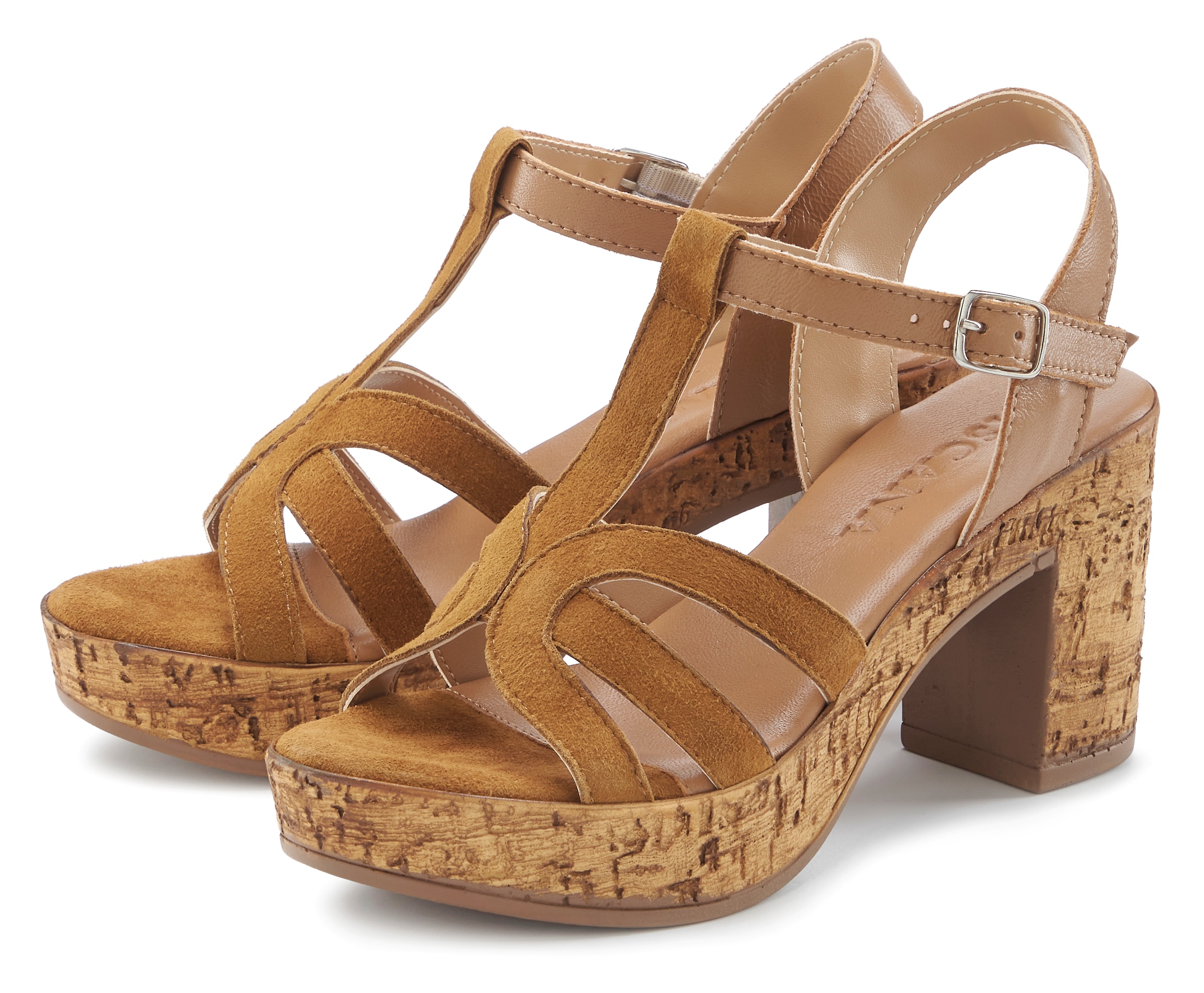 LASCANA Sandalette »Riemchensandalette, Sandale, T-Strap-Sandalette, Sommerschuh«, aus Leder mit Blockabsatz