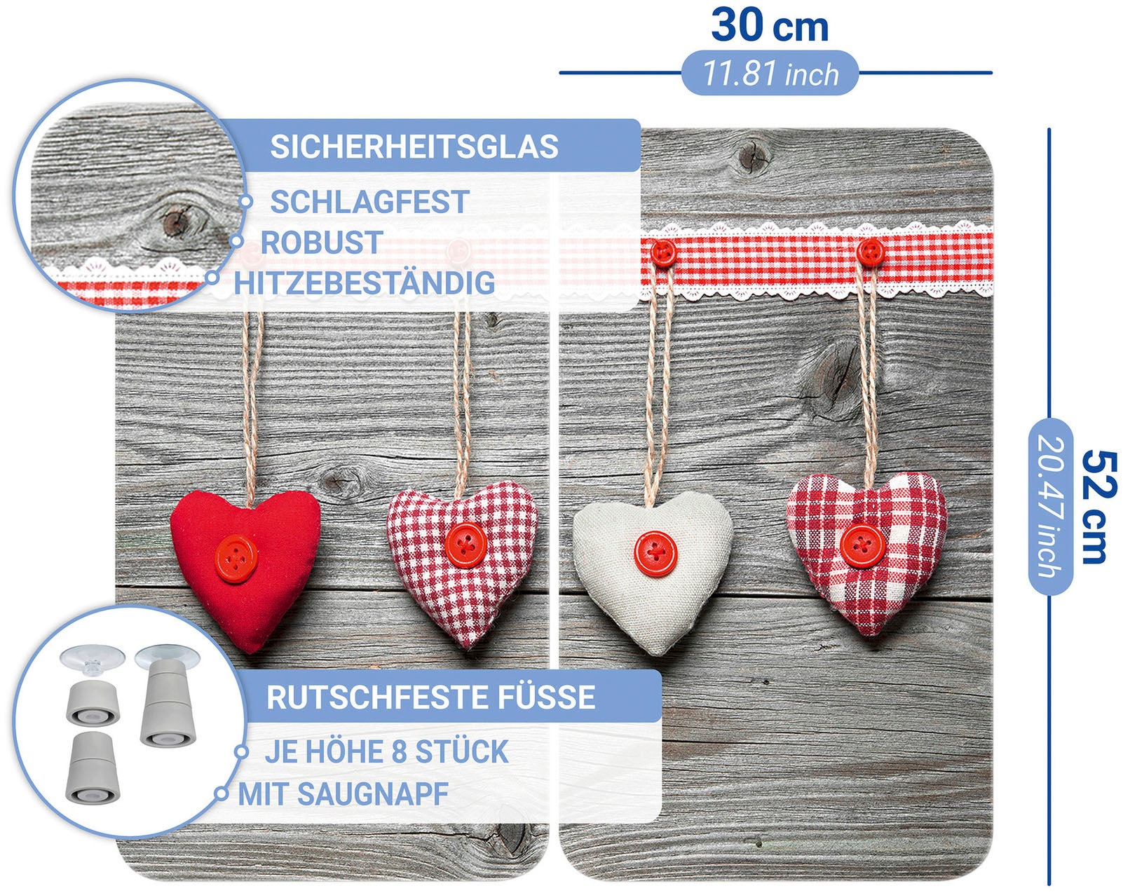 WENKO Herd-Abdeckplatte »Universal Modell Herzen«, (Set, 2 tlg.), Herdabdeckung für alle Herdarten, kratzfest, mit rutschfesten Füßen