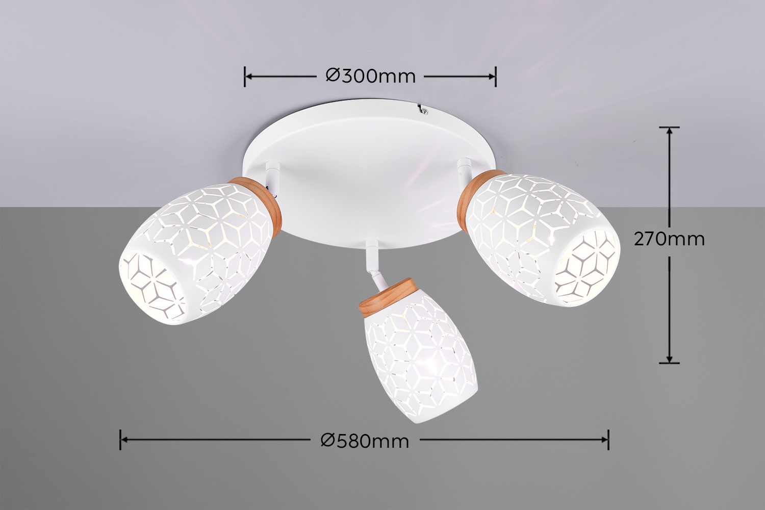 REALITY Leuchten Deckenleuchte »BIDAR, Deckenlampe mit 3 schwenkbaren Spots, exkl 3x E14 max 10W«, 3 flammig, Leuchtmittel E14 | Leuchtmittel wechselbar, Metall-Lampenschirm mit Lasercut Muster und Holz-Dekoelement Ø 58cm