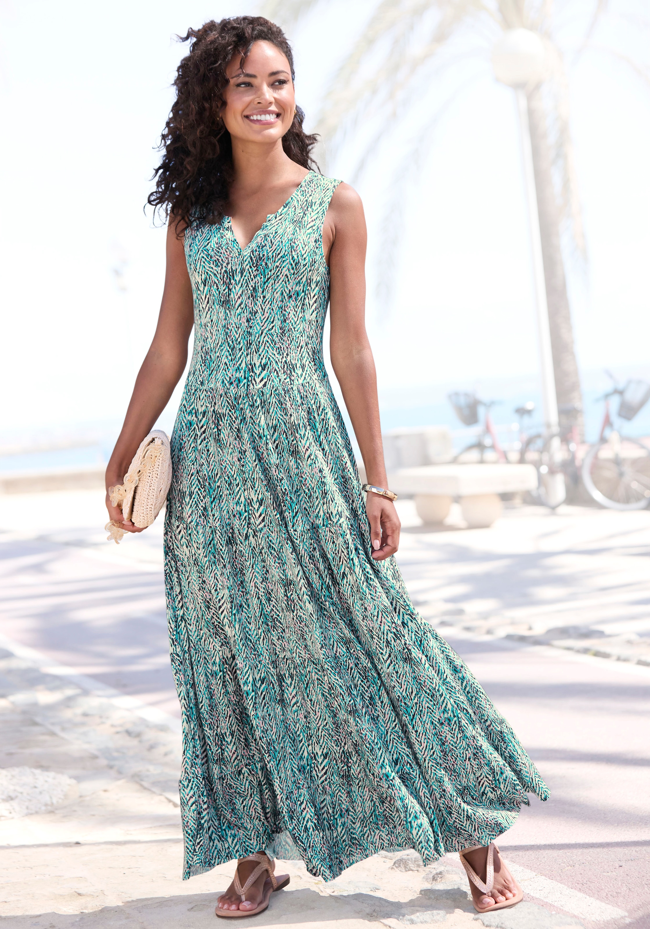 Maxikleid VIVANCE, Damen, Gr. 34, N-Gr, bunt (türkis, rosé, creme bedruckt), Jersey, Obermaterial: 100% Viskose, bedruckt, figurumspielend knöchellang, V-Ausschnitt, Kleider Maxikleid, mit Alloverdruck, langes Sommerkleid aus Jersey, casual