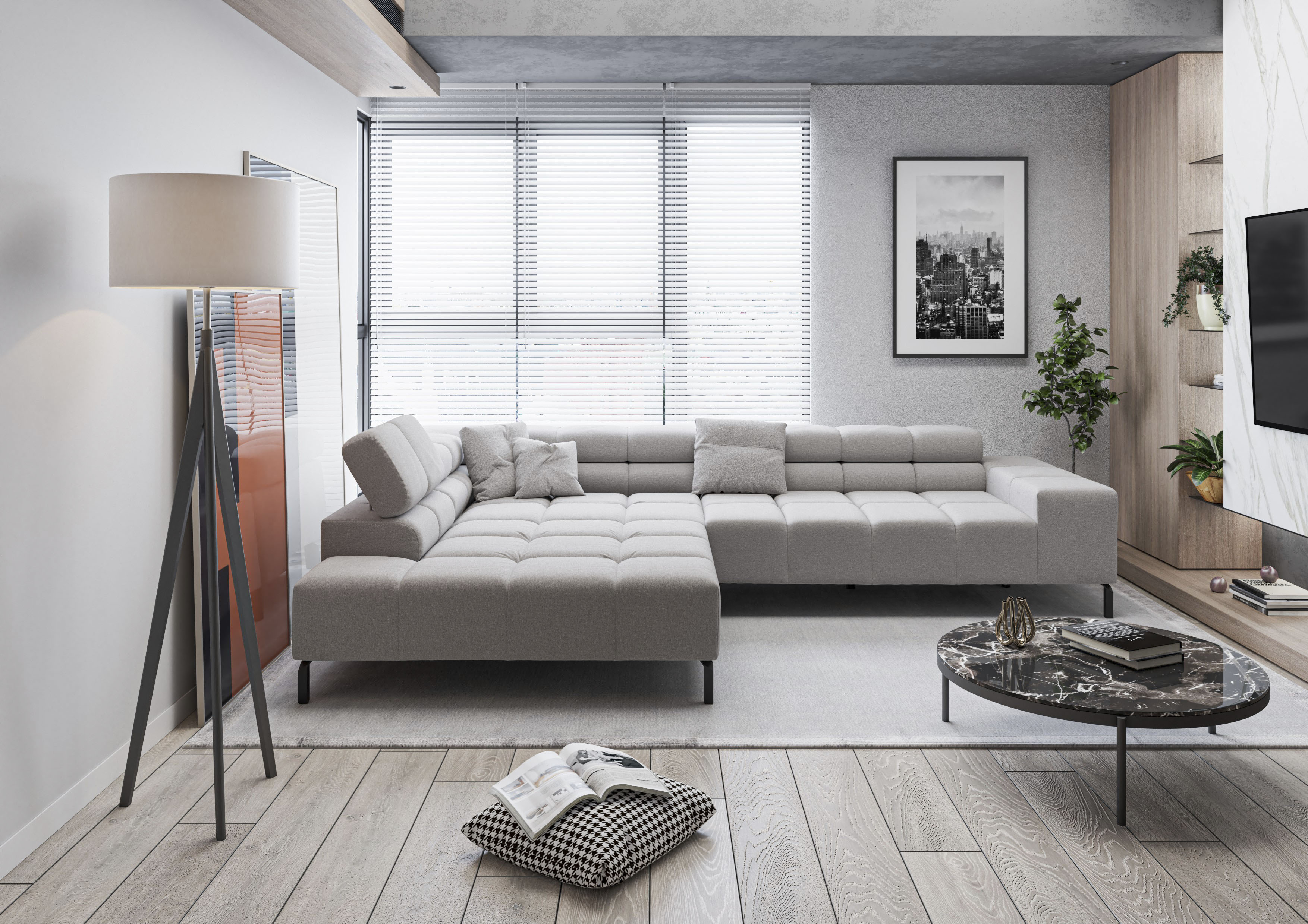 Home affaire Ecksofa "Ancona New, wahlweise motorische Sitztiefenverstellung, auch in Cord" feine Steppung, mit Kopfteilverstellung, 3 Zierkissen, L-Form