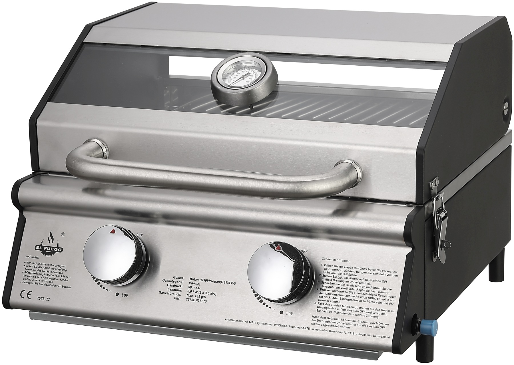 El Fuego Gasgrill "Jesolo" 6 kW (2 Brenner je 3 kW), mit Piezozündung